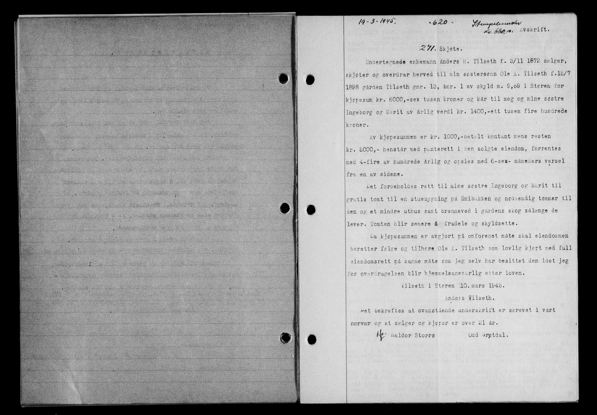 Gauldal sorenskriveri, SAT/A-0014/1/2/2C/L0058: Mortgage book no. 63, 1944-1945, Diary no: : 271/1945