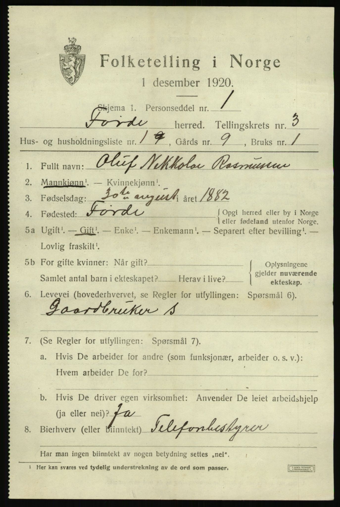 SAB, 1920 census for Førde, 1920, p. 1540