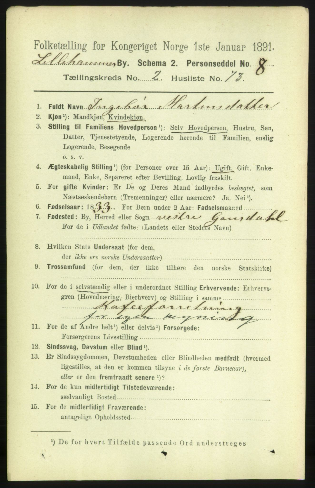 RA, 1891 census for 0501 Lillehammer, 1891, p. 1993