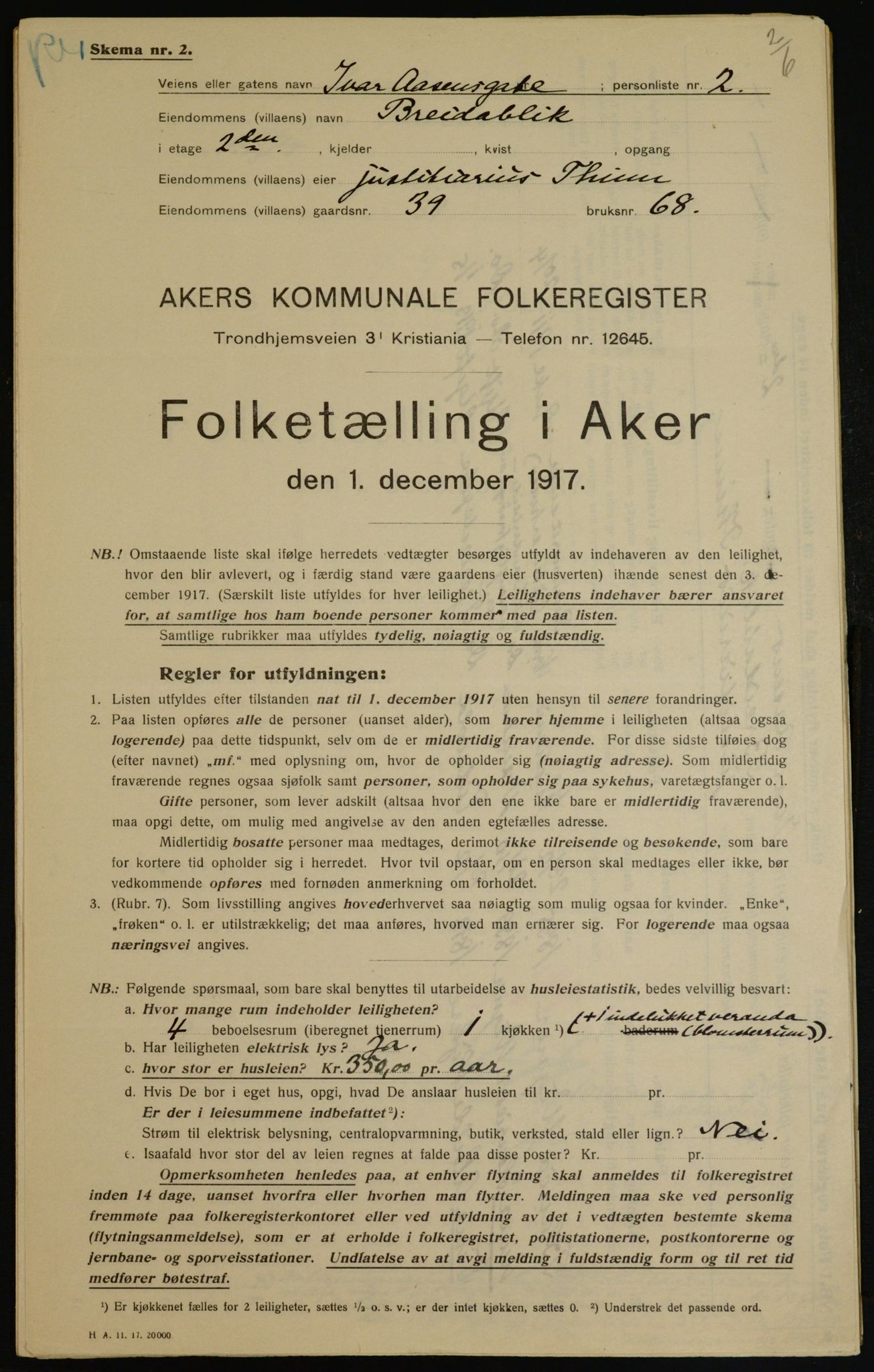 OBA, Municipal Census 1917 for Aker, 1917, p. 6475