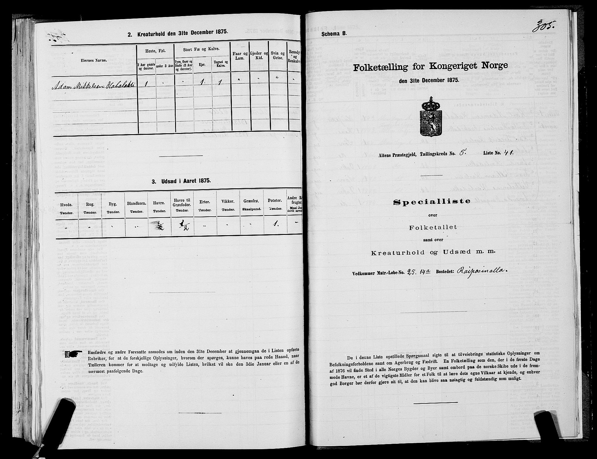 SATØ, 1875 census for 2012P Alta, 1875, p. 2305