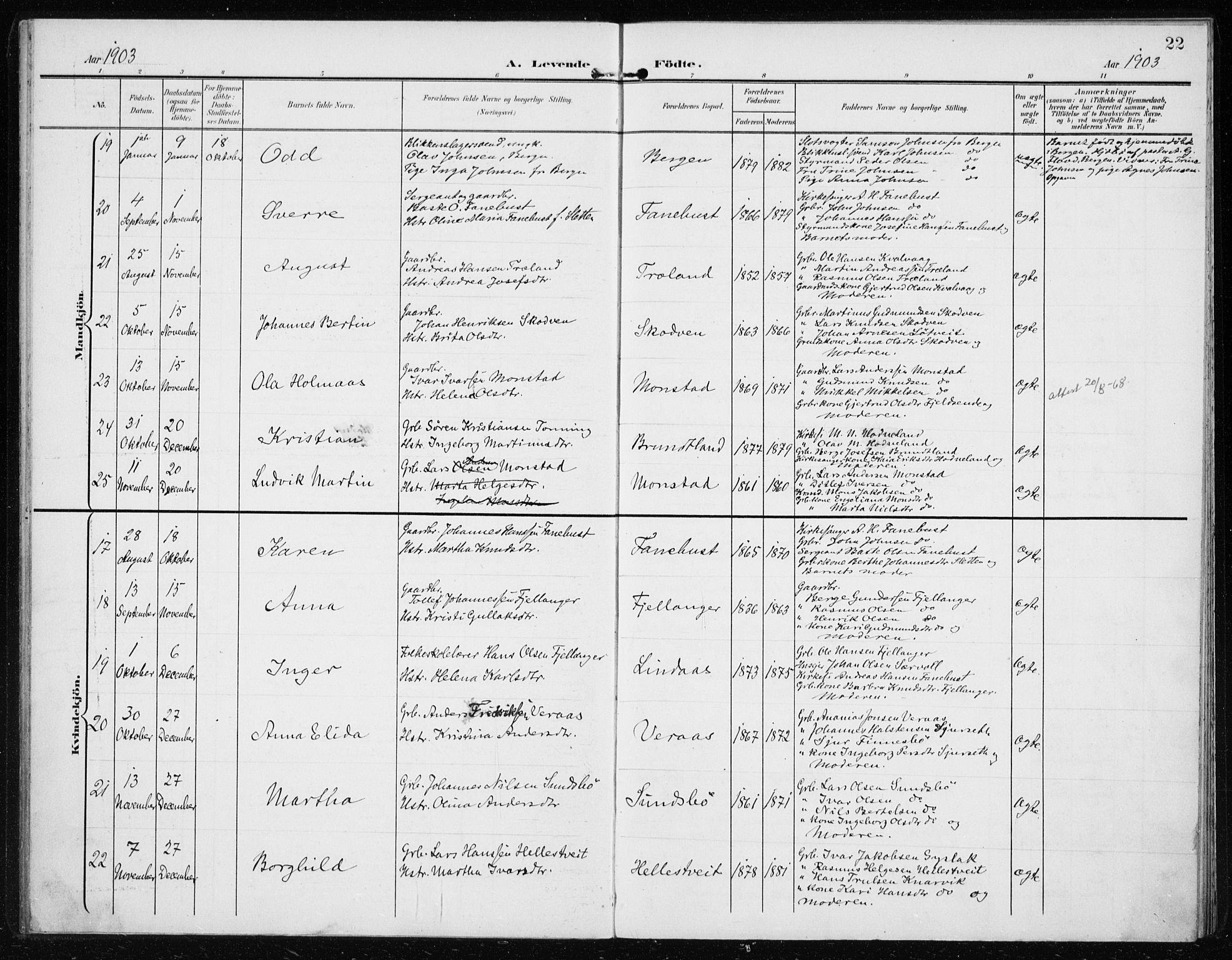 Lindås Sokneprestembete, AV/SAB-A-76701/H/Haa/Haab/L0002: Parish register (official) no. B 2, 1900-1912, p. 22