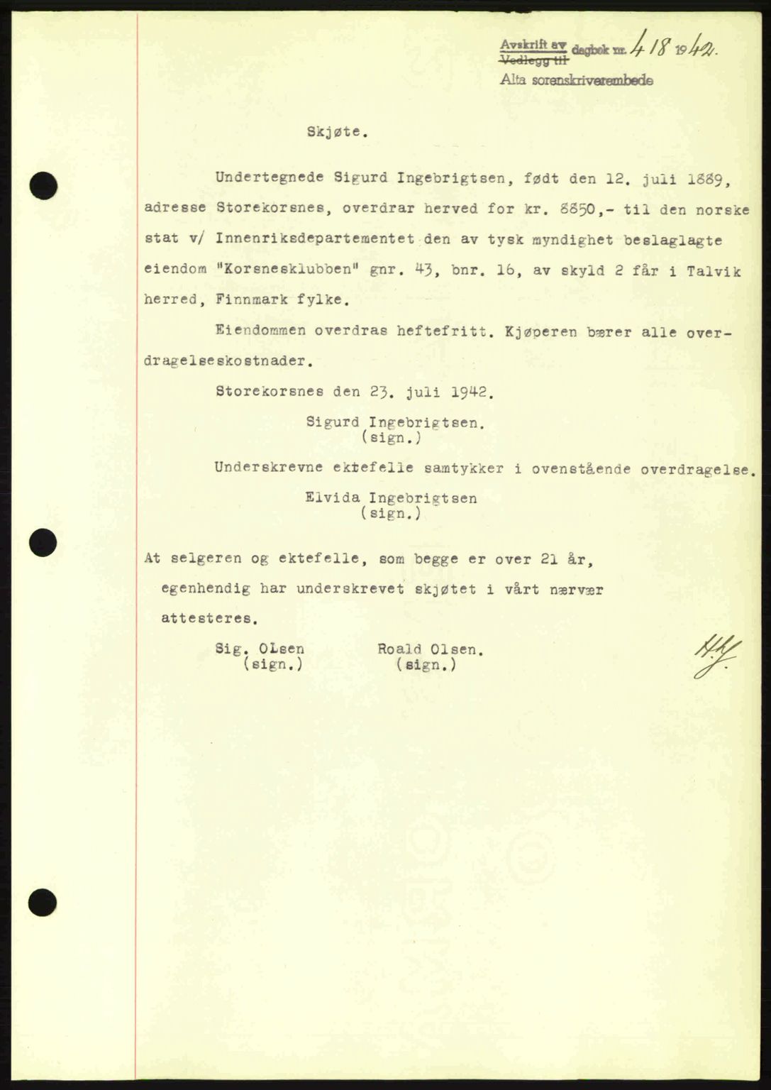 Alta fogderi/sorenskriveri, SATØ/SATØ-5/1/K/Kd/L0033pantebok: Mortgage book no. 33, 1940-1943, Diary no: : 418/1942