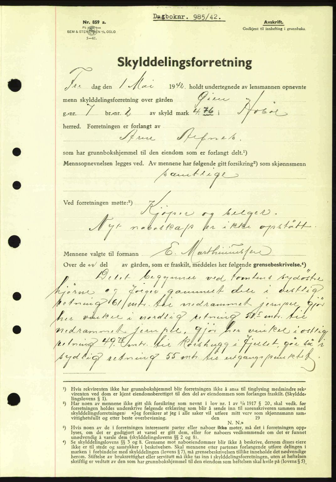 Moss sorenskriveri, SAO/A-10168: Mortgage book no. A9, 1941-1942, Diary no: : 985/1942