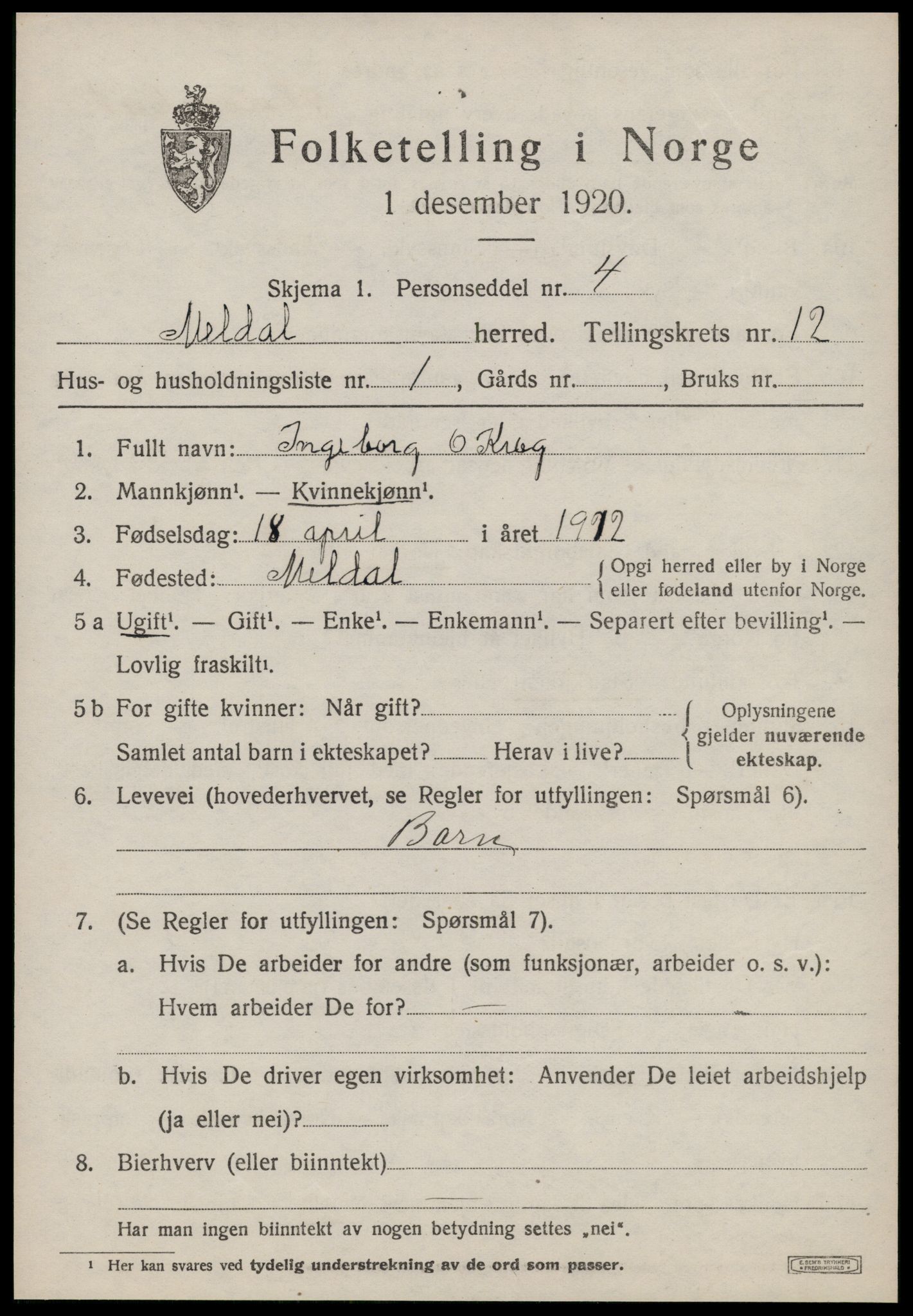 SAT, 1920 census for Meldal, 1920, p. 9137