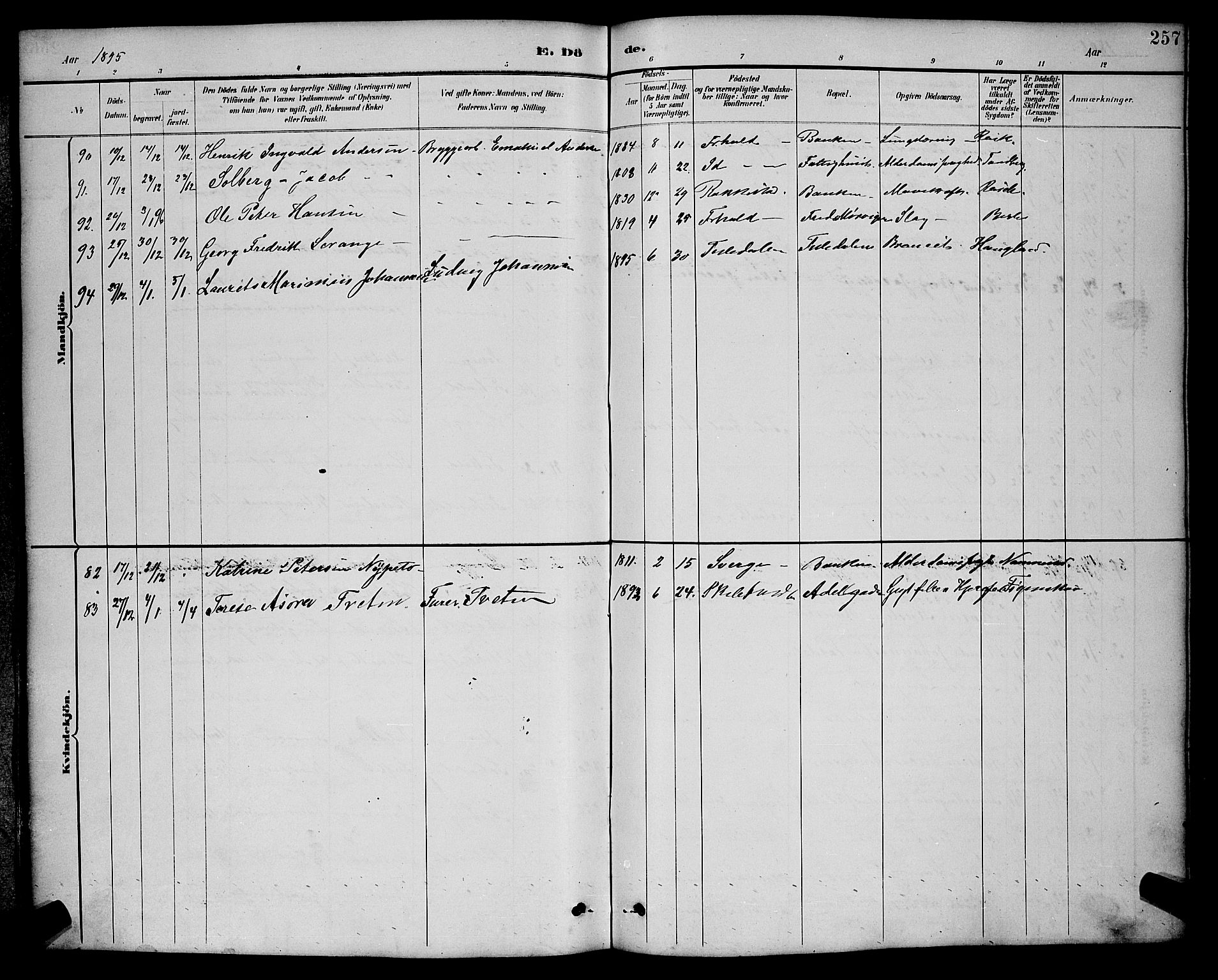 Halden prestekontor Kirkebøker, AV/SAO-A-10909/G/Ga/L0009: Parish register (copy) no. 9, 1885-1908, p. 257