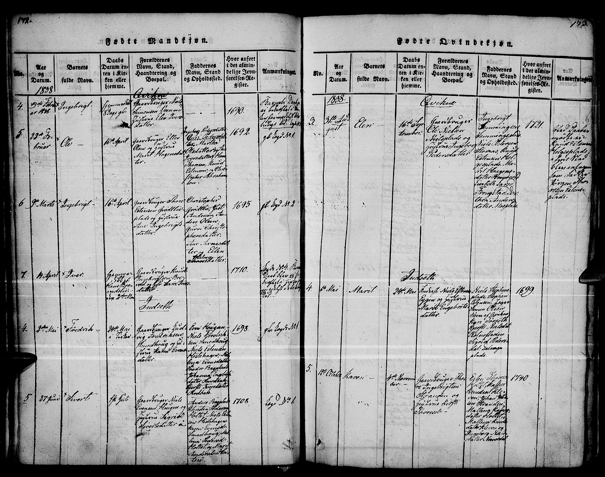 Kvikne prestekontor, AV/SAH-PREST-064/H/Ha/Haa/L0004: Parish register (official) no. 4, 1815-1840, p. 172-173