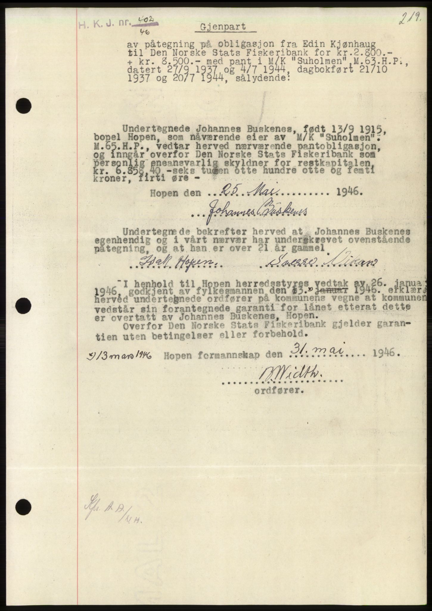 Nordmøre sorenskriveri, AV/SAT-A-4132/1/2/2Ca: Mortgage book no. B94, 1946-1946, Deed date: 03.06.1946