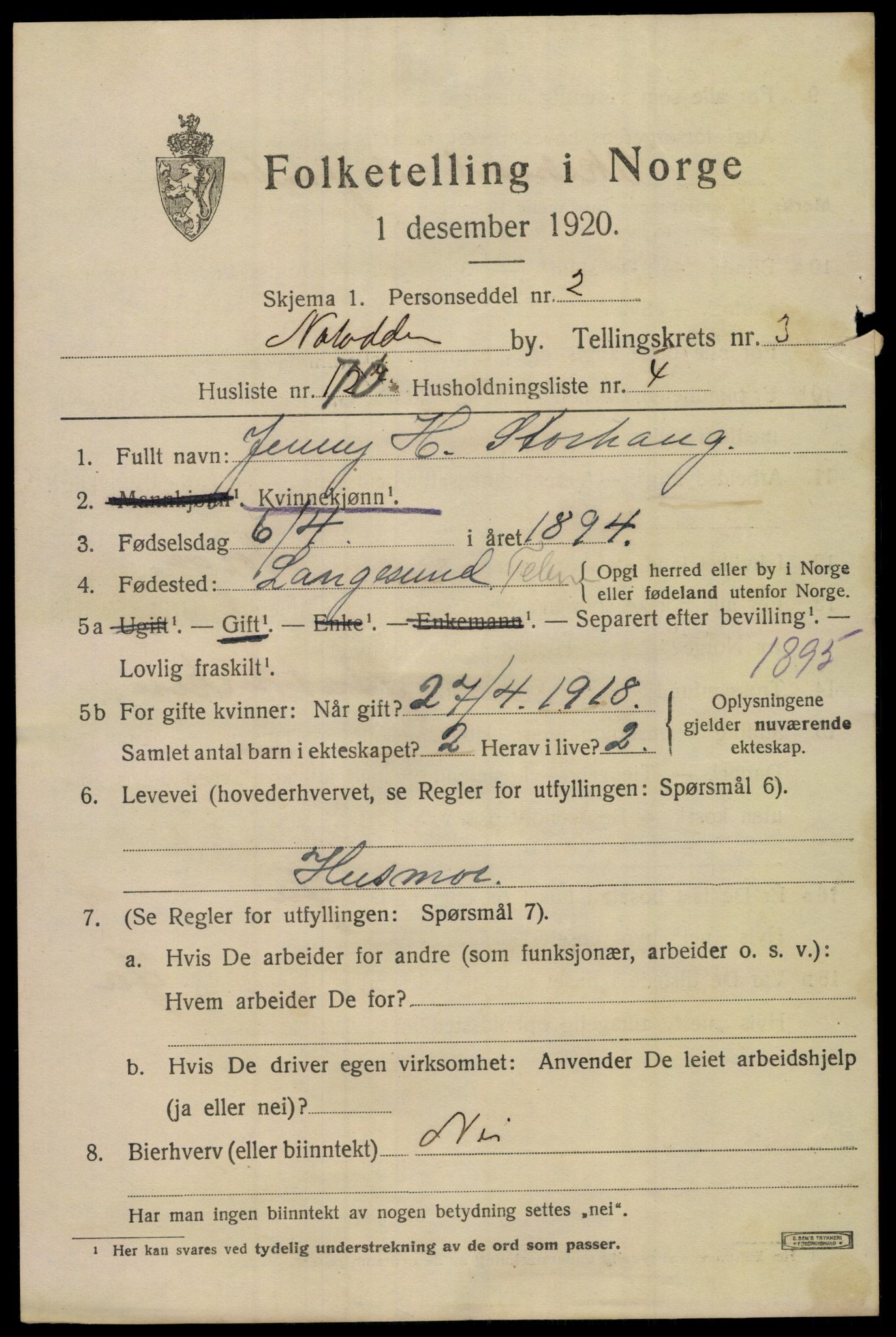 SAKO, 1920 census for Notodden, 1920, p. 9810