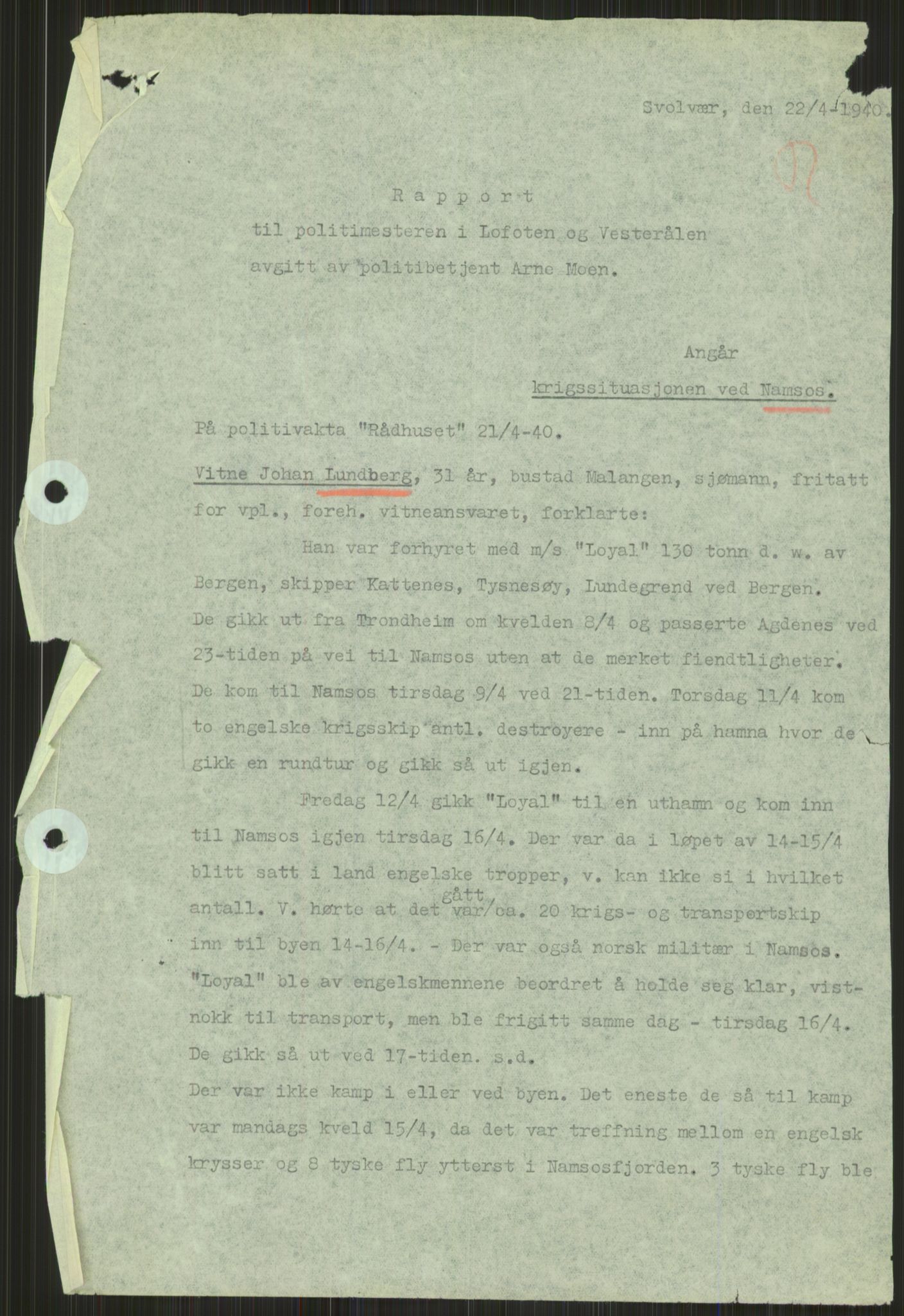 Forsvaret, Forsvarets krigshistoriske avdeling, AV/RA-RAFA-2017/Y/Ya/L0016: II-C-11-31 - Fylkesmenn.  Rapporter om krigsbegivenhetene 1940., 1940, p. 522