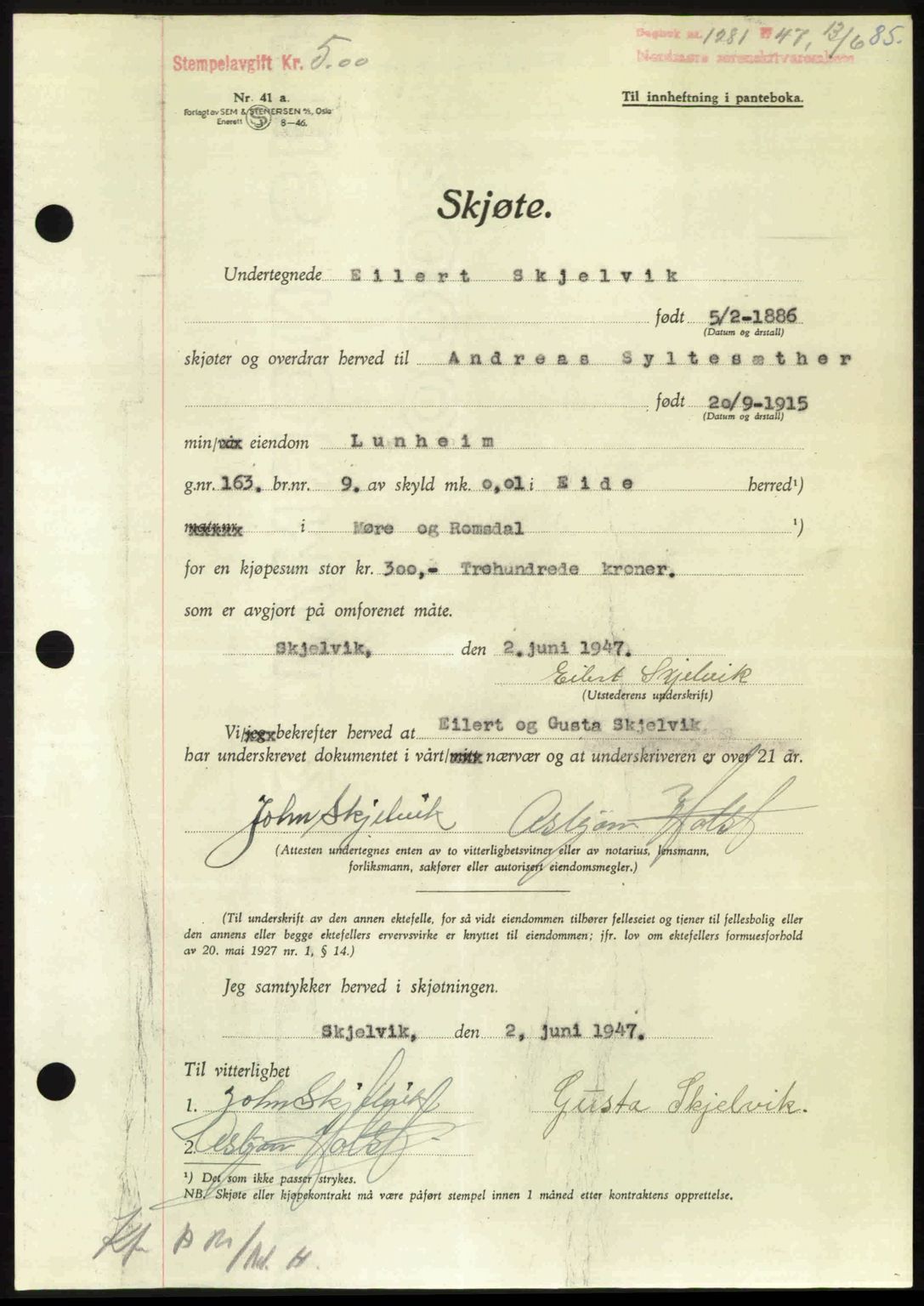 Nordmøre sorenskriveri, AV/SAT-A-4132/1/2/2Ca: Mortgage book no. A105, 1947-1947, Diary no: : 1281/1947