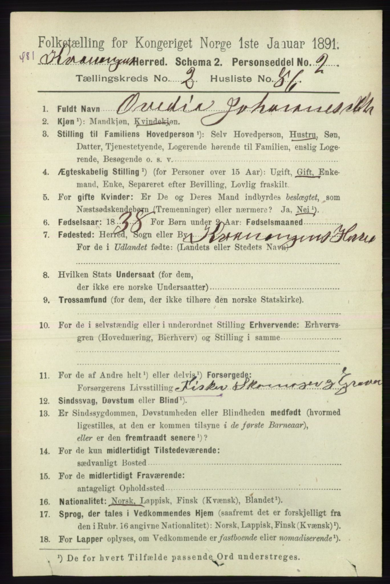 RA, 1891 census for 1943 Kvænangen, 1891, p. 1005