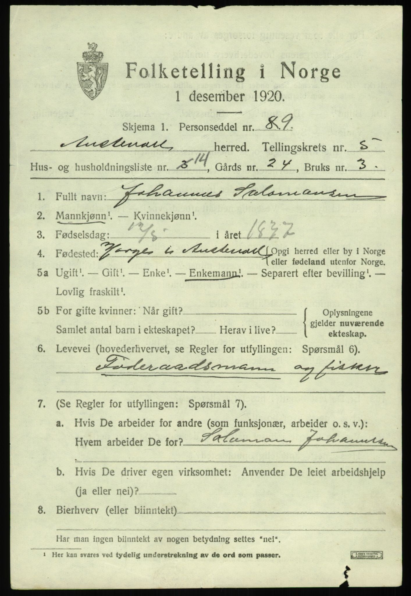 SAB, 1920 census for Austevoll, 1920, p. 3152