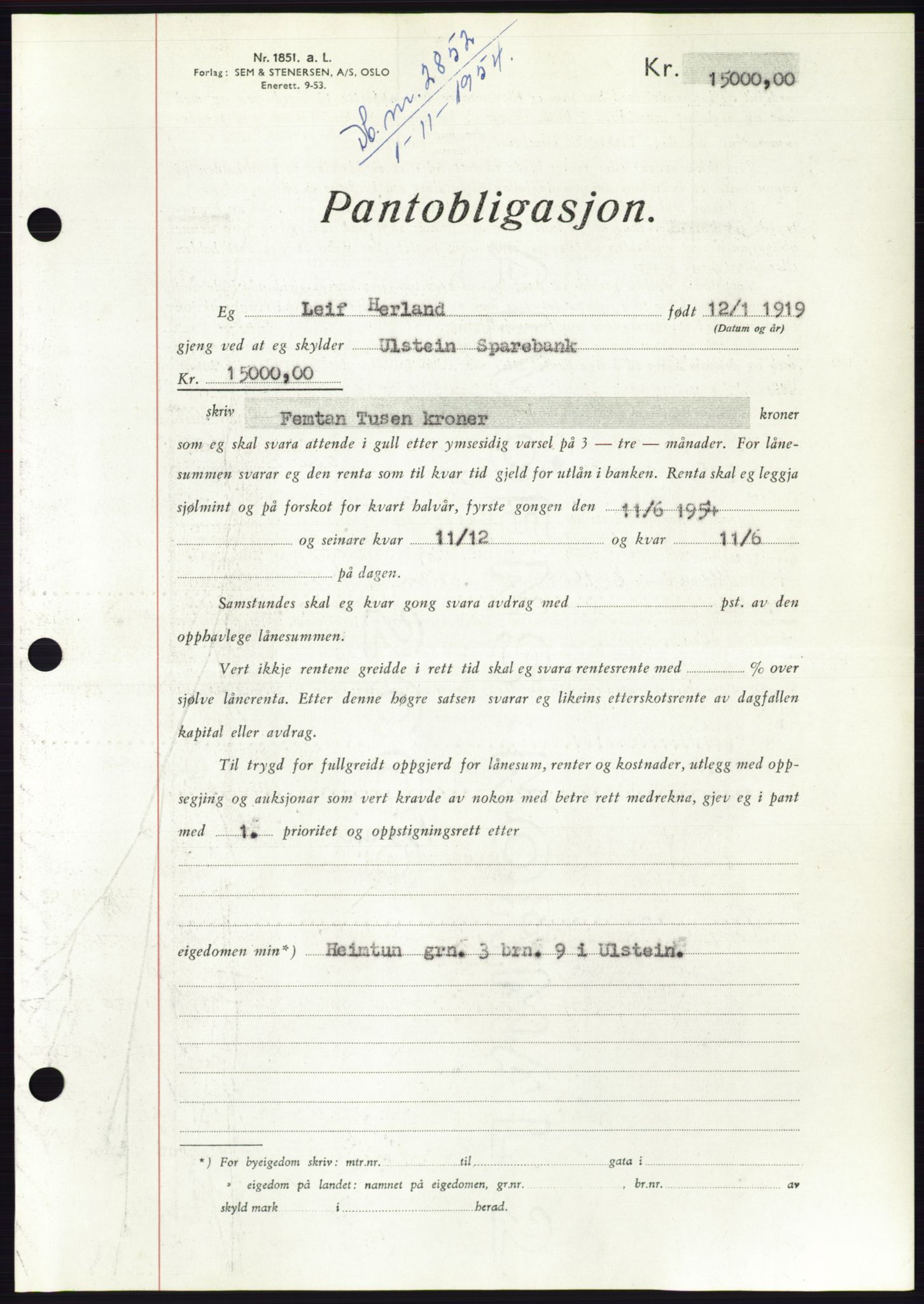 Søre Sunnmøre sorenskriveri, AV/SAT-A-4122/1/2/2C/L0126: Mortgage book no. 14B, 1954-1955, Diary no: : 2852/1954