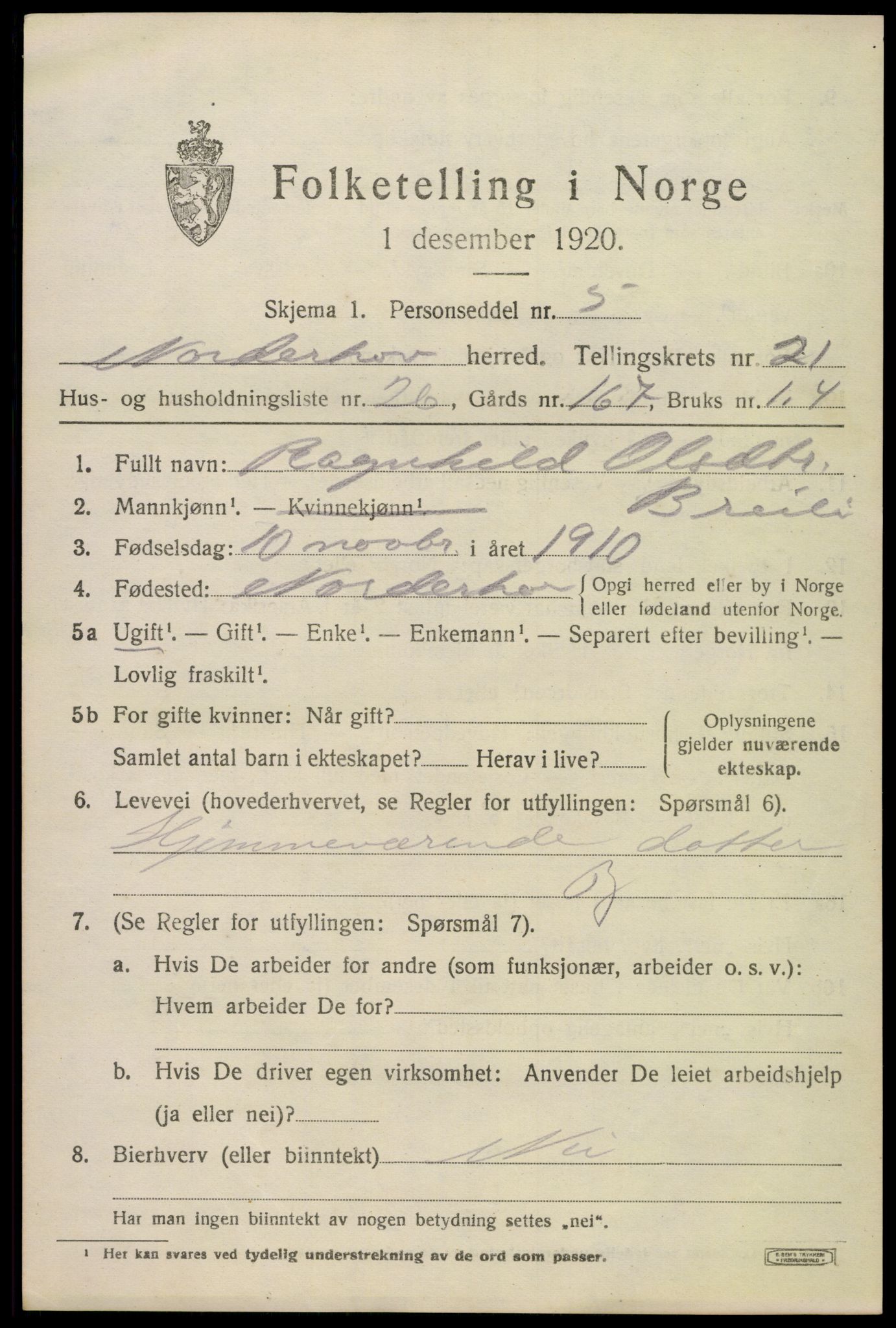 SAKO, 1920 census for Norderhov, 1920, p. 22204