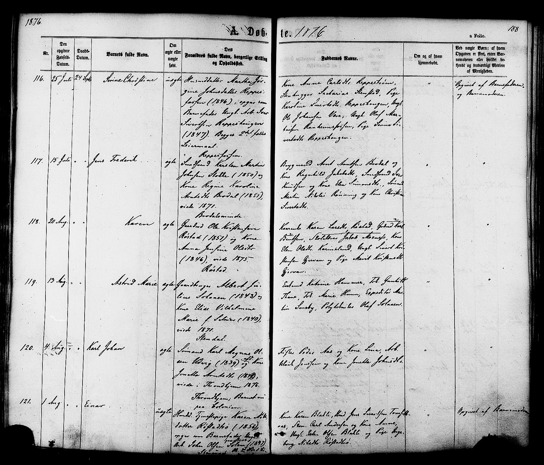 Ministerialprotokoller, klokkerbøker og fødselsregistre - Sør-Trøndelag, SAT/A-1456/606/L0293: Parish register (official) no. 606A08, 1866-1877, p. 188
