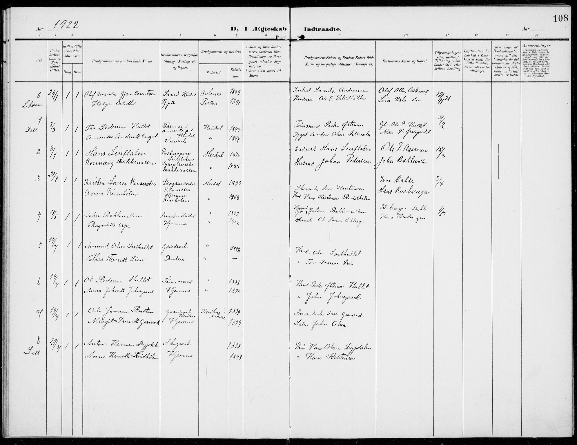 Sel prestekontor, SAH/PREST-074/H/Ha/Haa/L0001: Parish register (official) no. 1, 1905-1922, p. 108