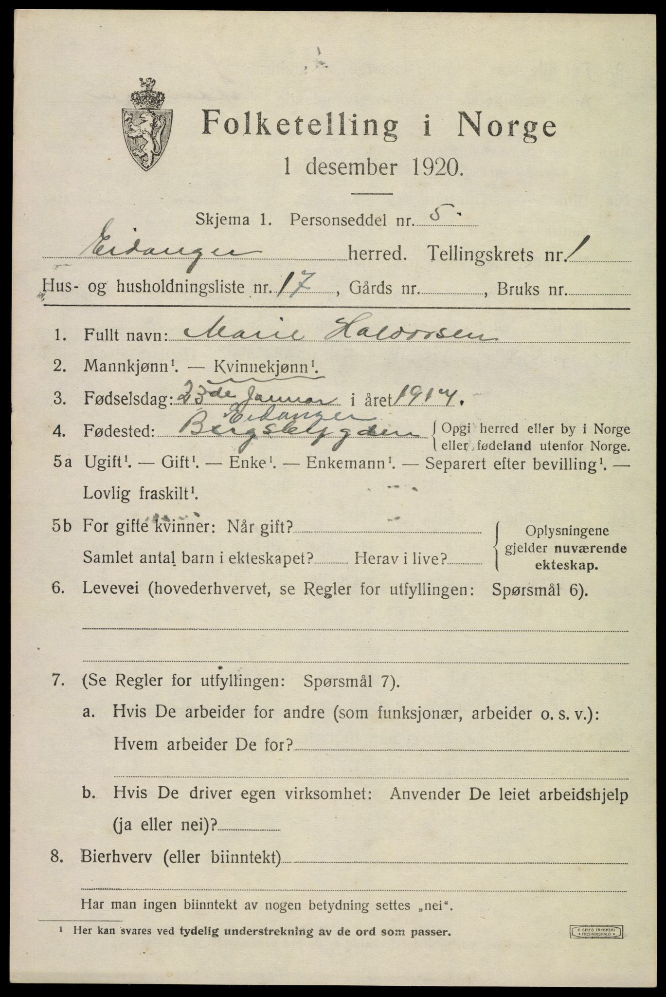 SAKO, 1920 census for Eidanger, 1920, p. 1822