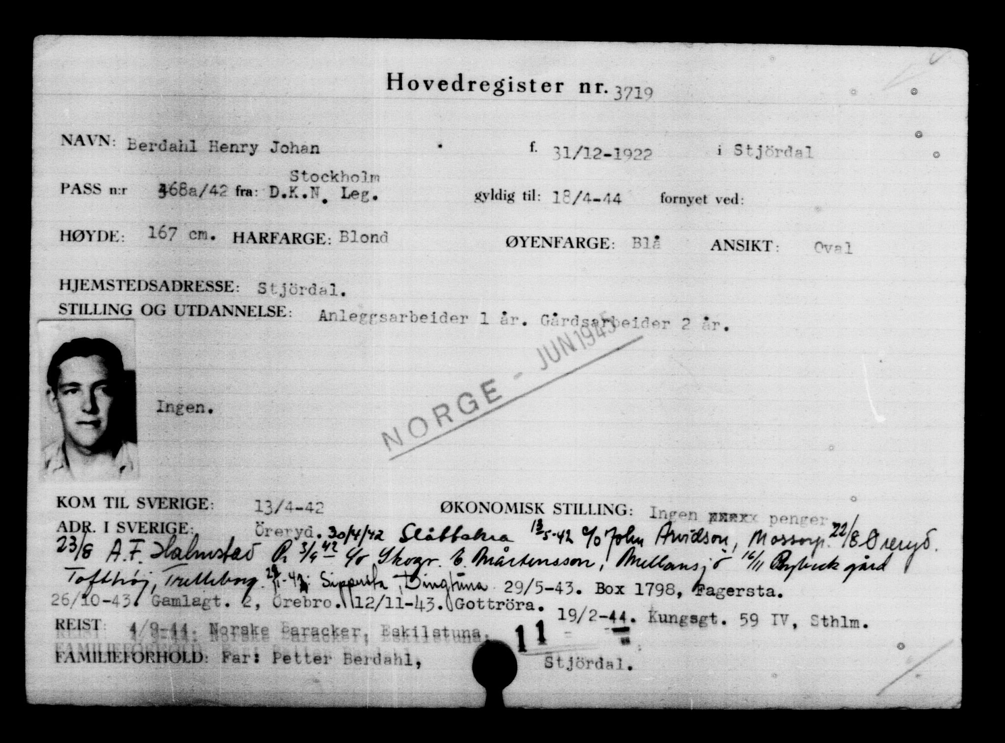 Utenriksstasjonene, Legasjonen i Stockholm, Flyktningkontoret, AV/RA-S-6753/V/Va/L0004: Kjesäterkartoteket, flyktninger med registreringsnr. 3496-6610, 1940-1945, p. 260