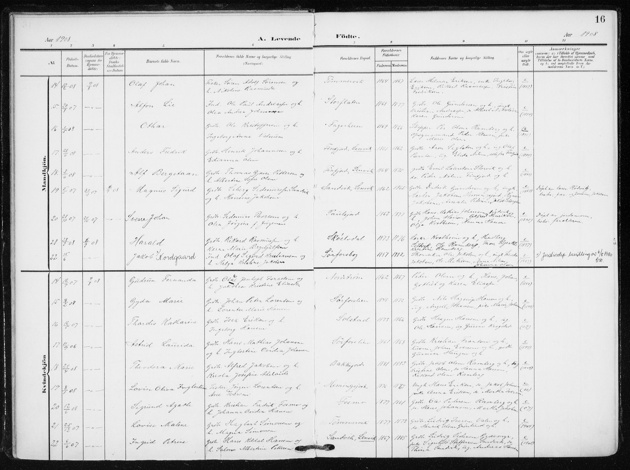 Tranøy sokneprestkontor, SATØ/S-1313/I/Ia/Iaa/L0012kirke: Parish register (official) no. 12, 1905-1918, p. 16