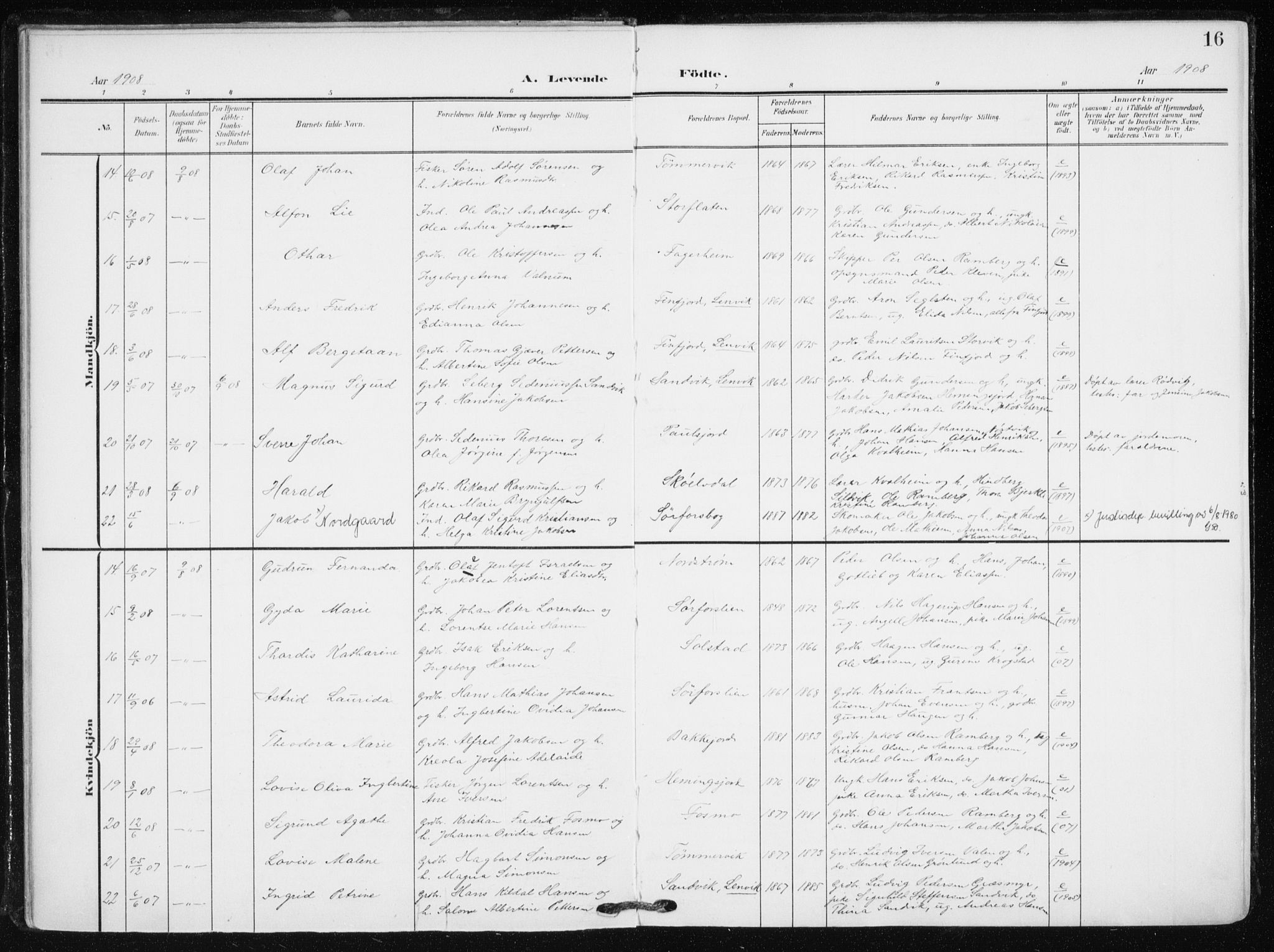 Tranøy sokneprestkontor, AV/SATØ-S-1313/I/Ia/Iaa/L0012kirke: Parish register (official) no. 12, 1905-1918, p. 16