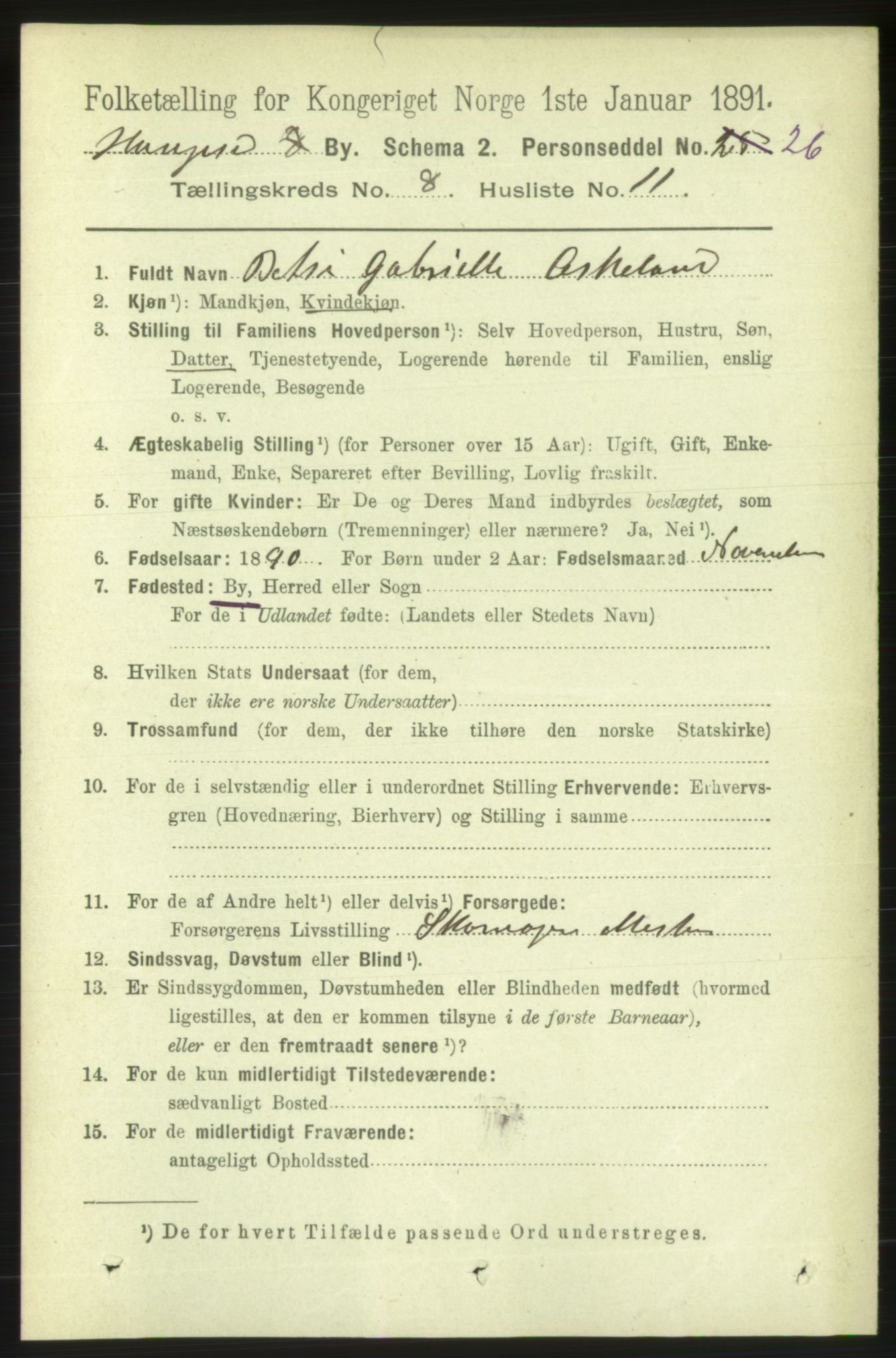 RA, 1891 census for 1106 Haugesund, 1891, p. 3706