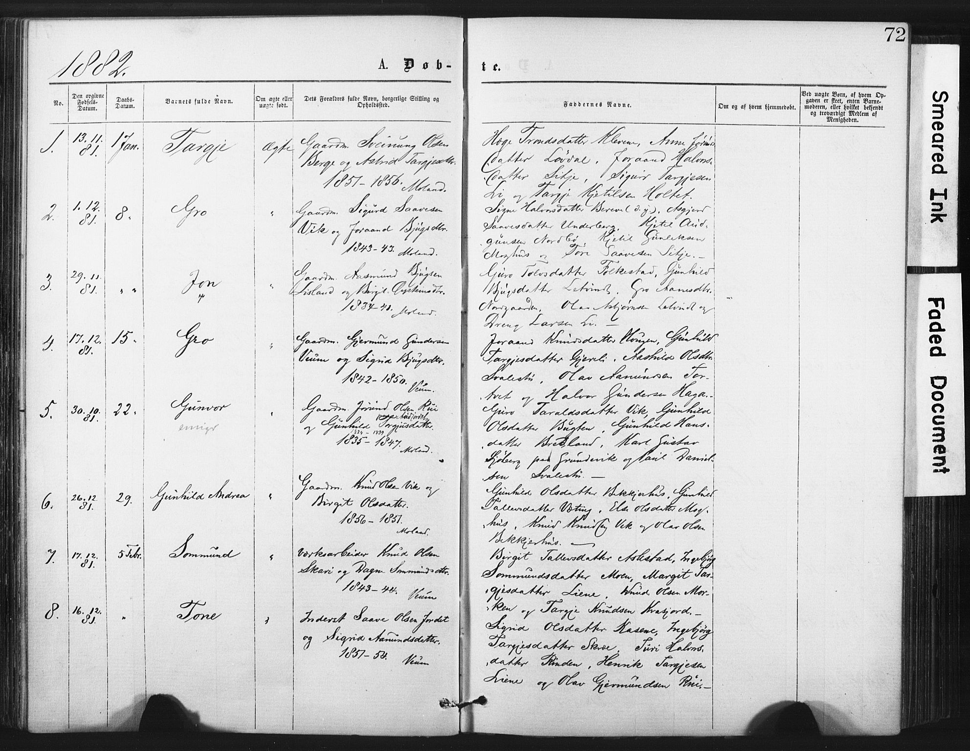 Fyresdal kirkebøker, SAKO/A-263/F/Fa/L0006: Parish register (official) no. I 6, 1872-1886, p. 72