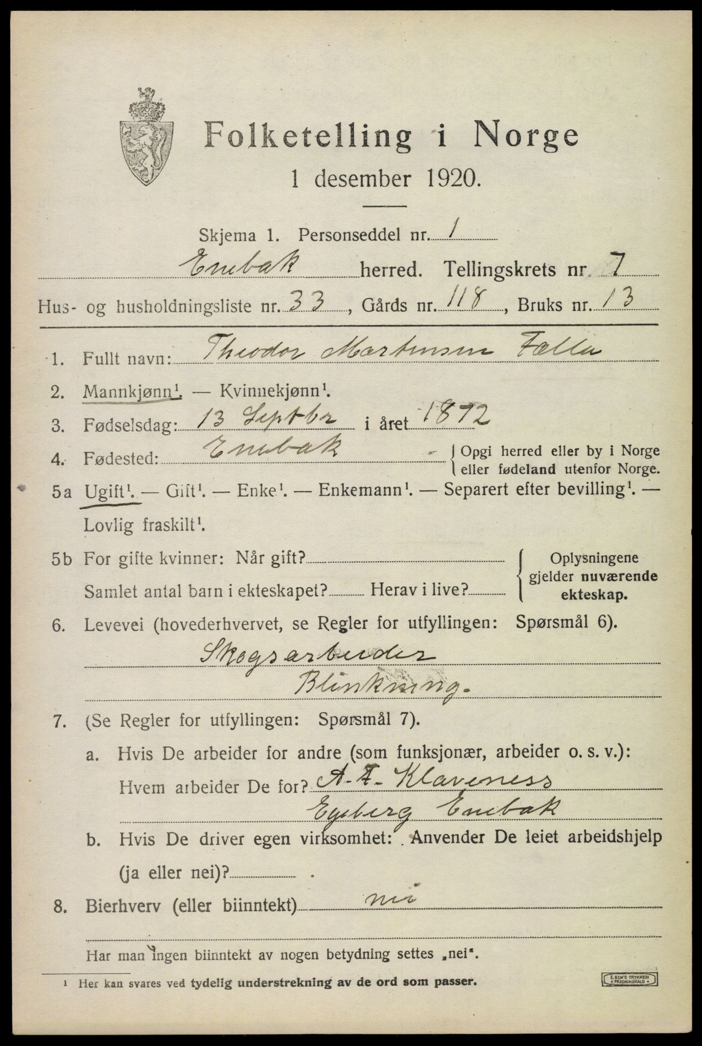 SAO, 1920 census for Enebakk, 1920, p. 6469