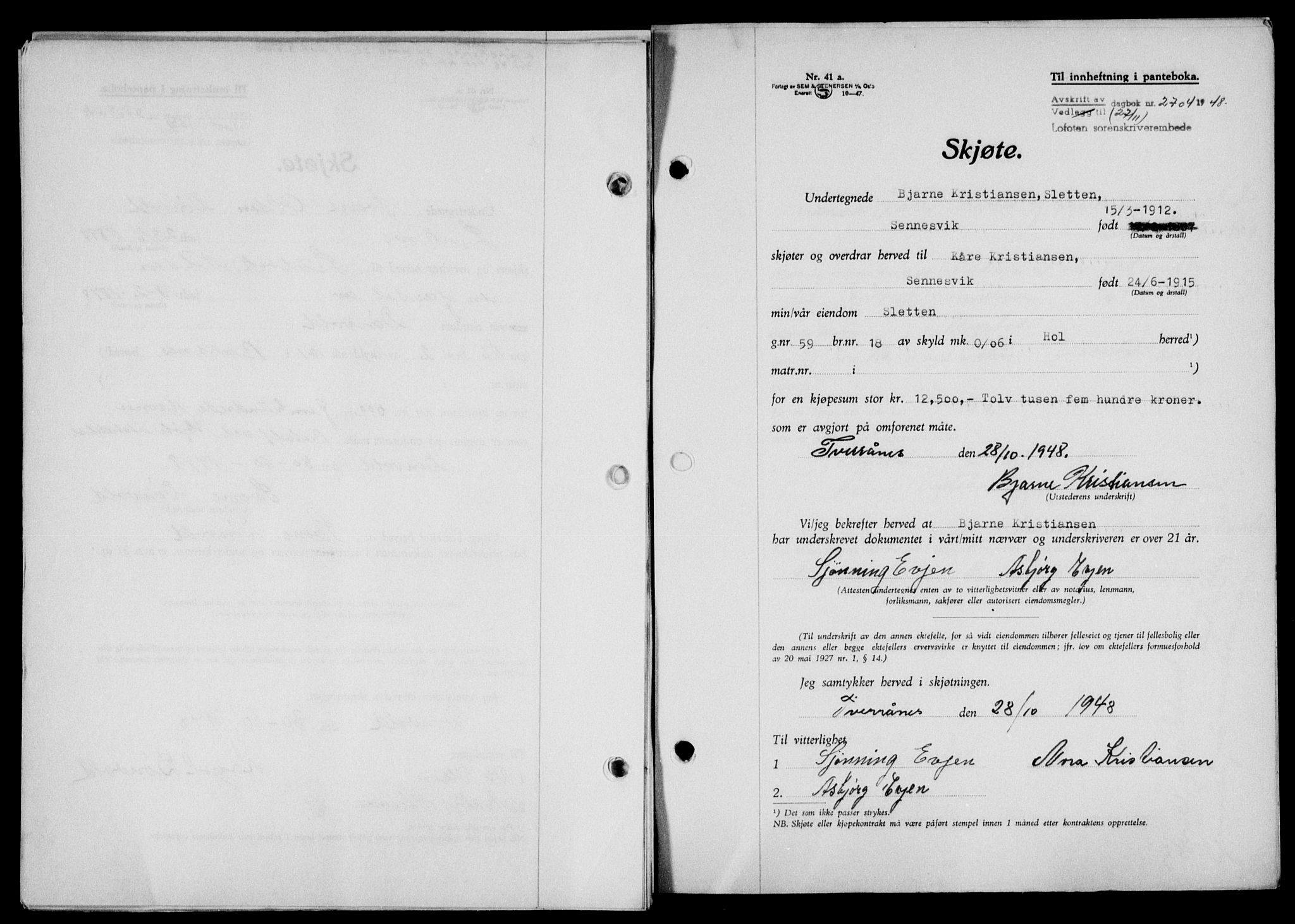 Lofoten sorenskriveri, SAT/A-0017/1/2/2C/L0019a: Mortgage book no. 19a, 1948-1948, Diary no: : 2704/1948