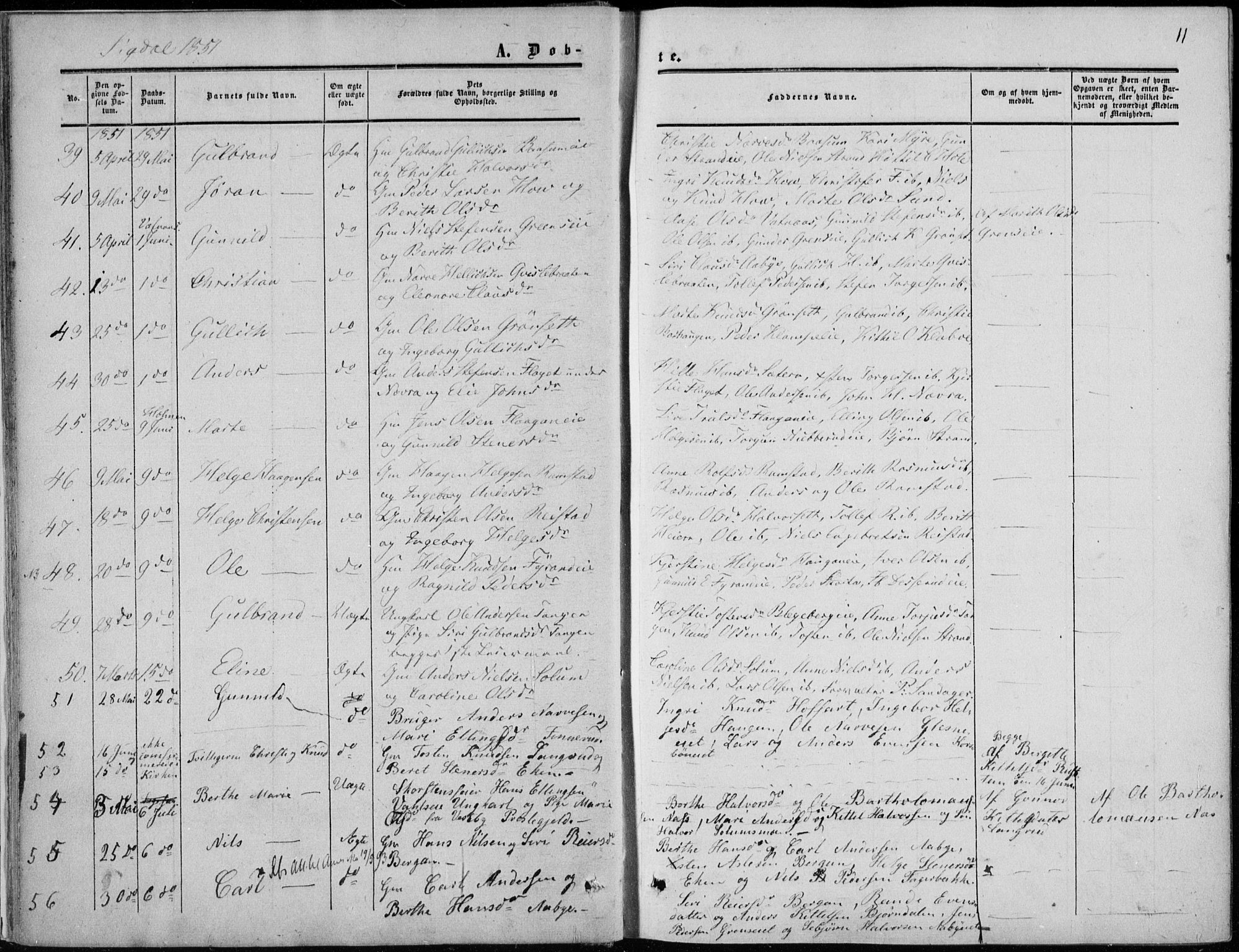 Sigdal kirkebøker, AV/SAKO-A-245/F/Fa/L0008: Parish register (official) no. I 8, 1850-1859, p. 11