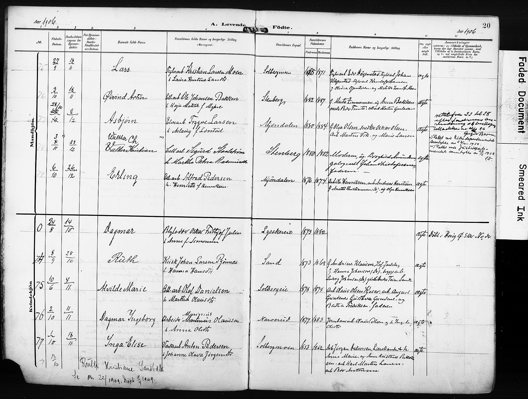 Nedre Eiker kirkebøker, AV/SAKO-A-612/F/Fa/L0006: Parish register (official) no. 6, 1906-1912, p. 20