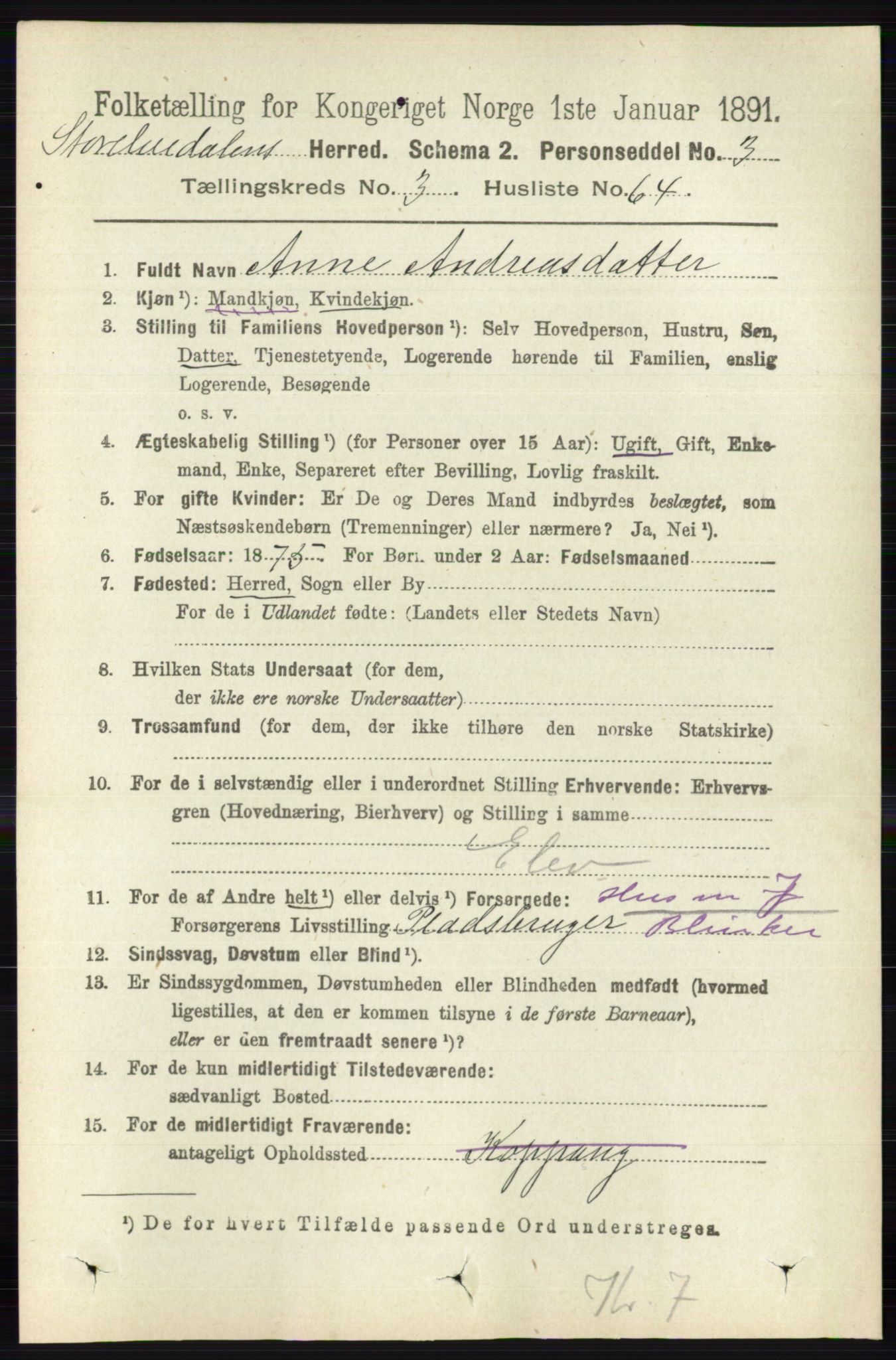 RA, 1891 census for 0430 Stor-Elvdal, 1891, p. 1293