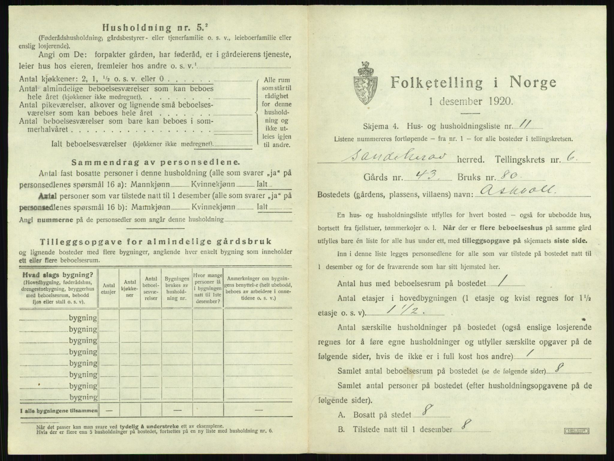 SAKO, 1920 census for Sandeherred, 1920, p. 1134