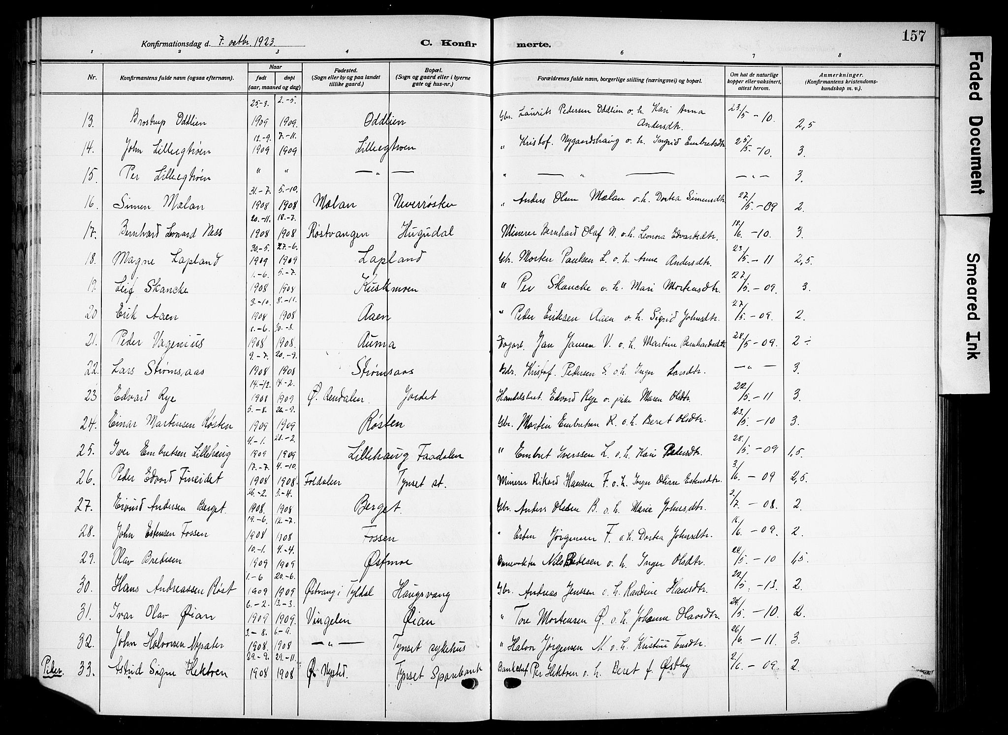 Tynset prestekontor, SAH/PREST-058/H/Ha/Hab/L0011: Parish register (copy) no. 11, 1915-1930, p. 157