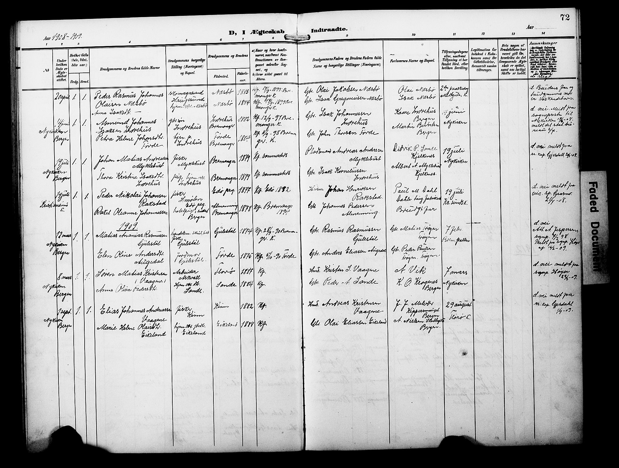 Davik sokneprestembete, SAB/A-79701/H/Hab/Habb/L0001: Parish register (copy) no. B 1, 1903-1928, p. 72