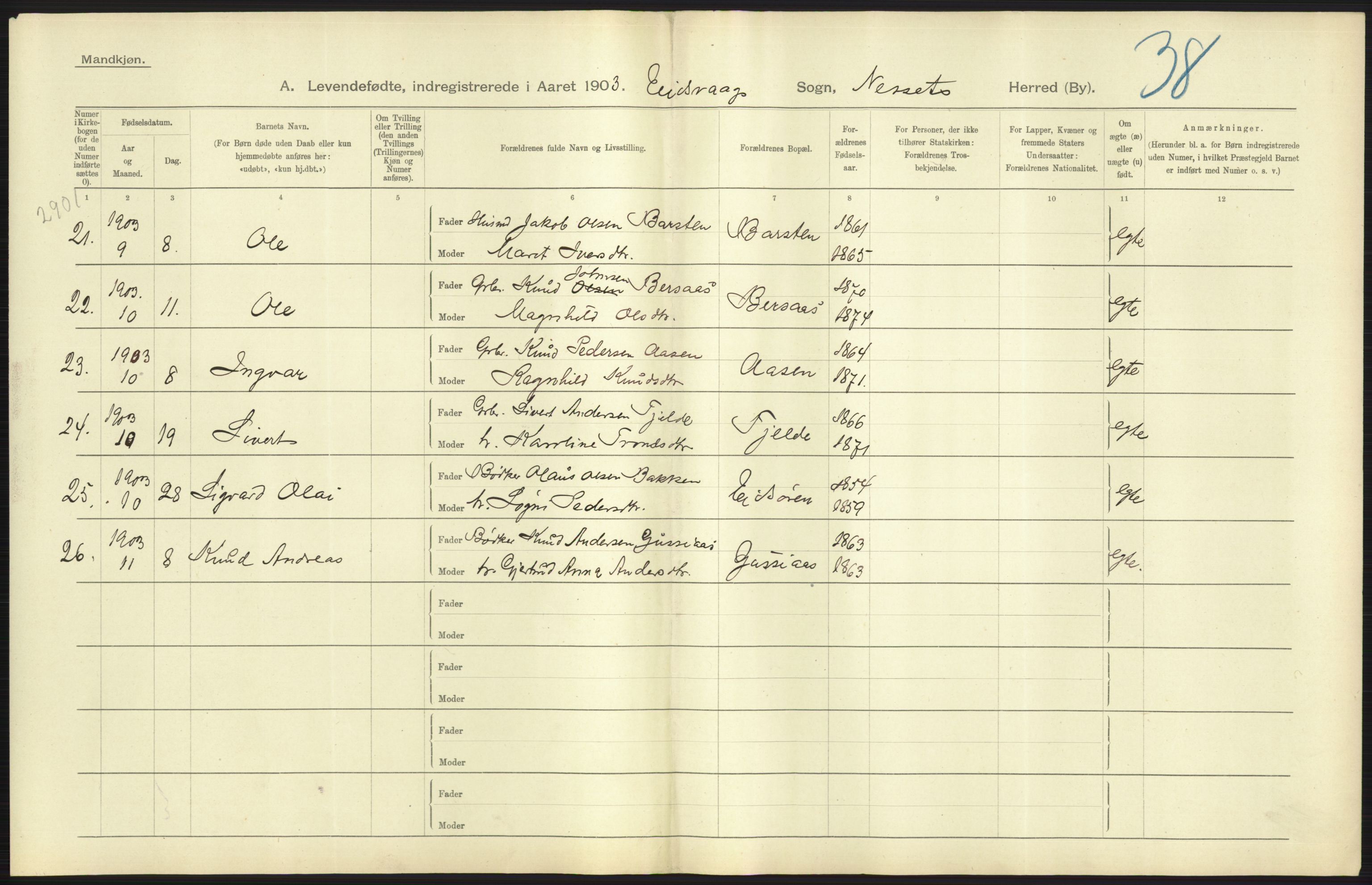 Statistisk sentralbyrå, Sosiodemografiske emner, Befolkning, AV/RA-S-2228/D/Df/Dfa/Dfaa/L0016: Romsdal amt: Fødte, gifte, døde., 1903, p. 81