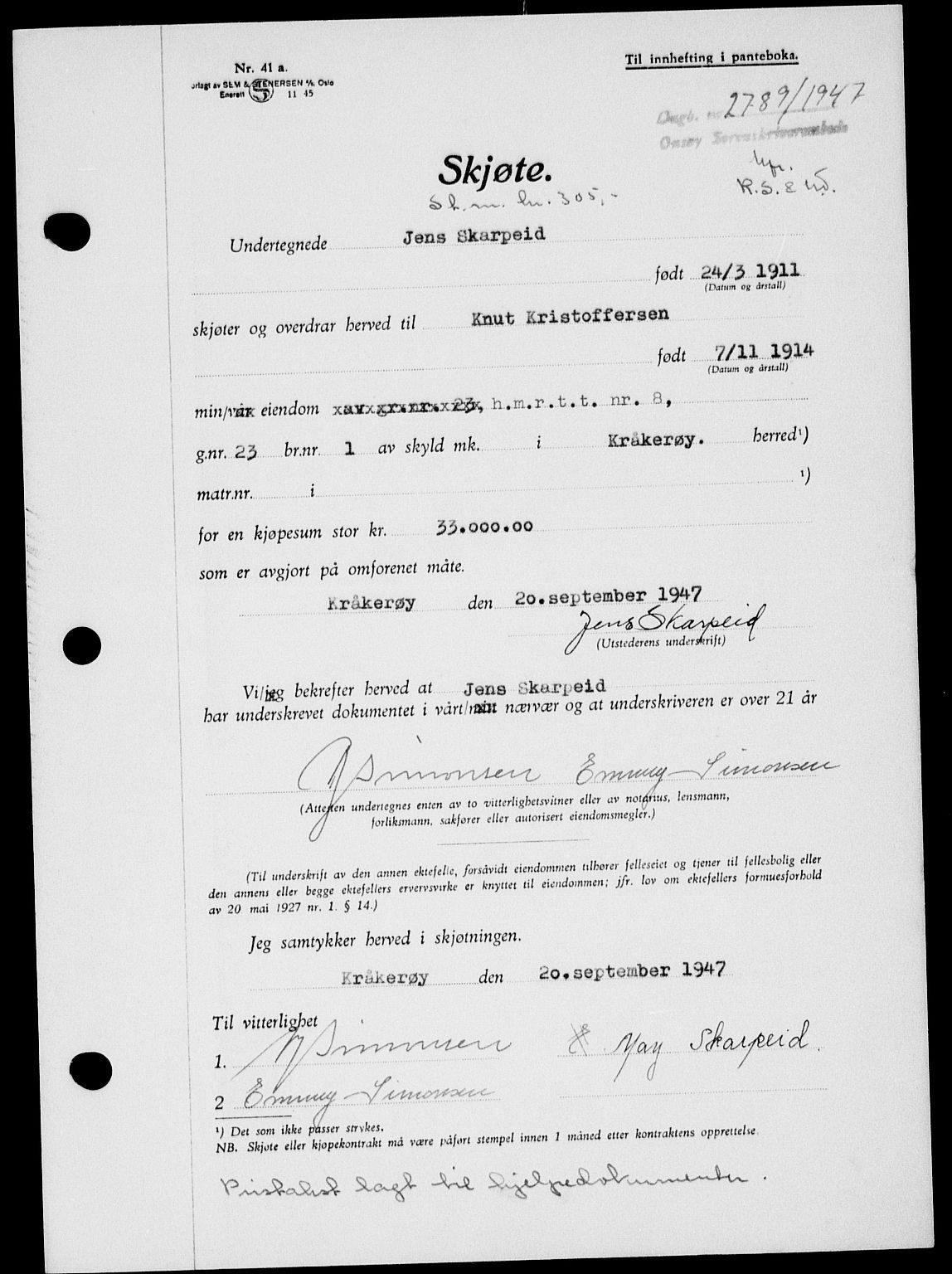 Onsøy sorenskriveri, SAO/A-10474/G/Ga/Gab/L0021: Mortgage book no. II A-21, 1947-1947, Diary no: : 2789/1947