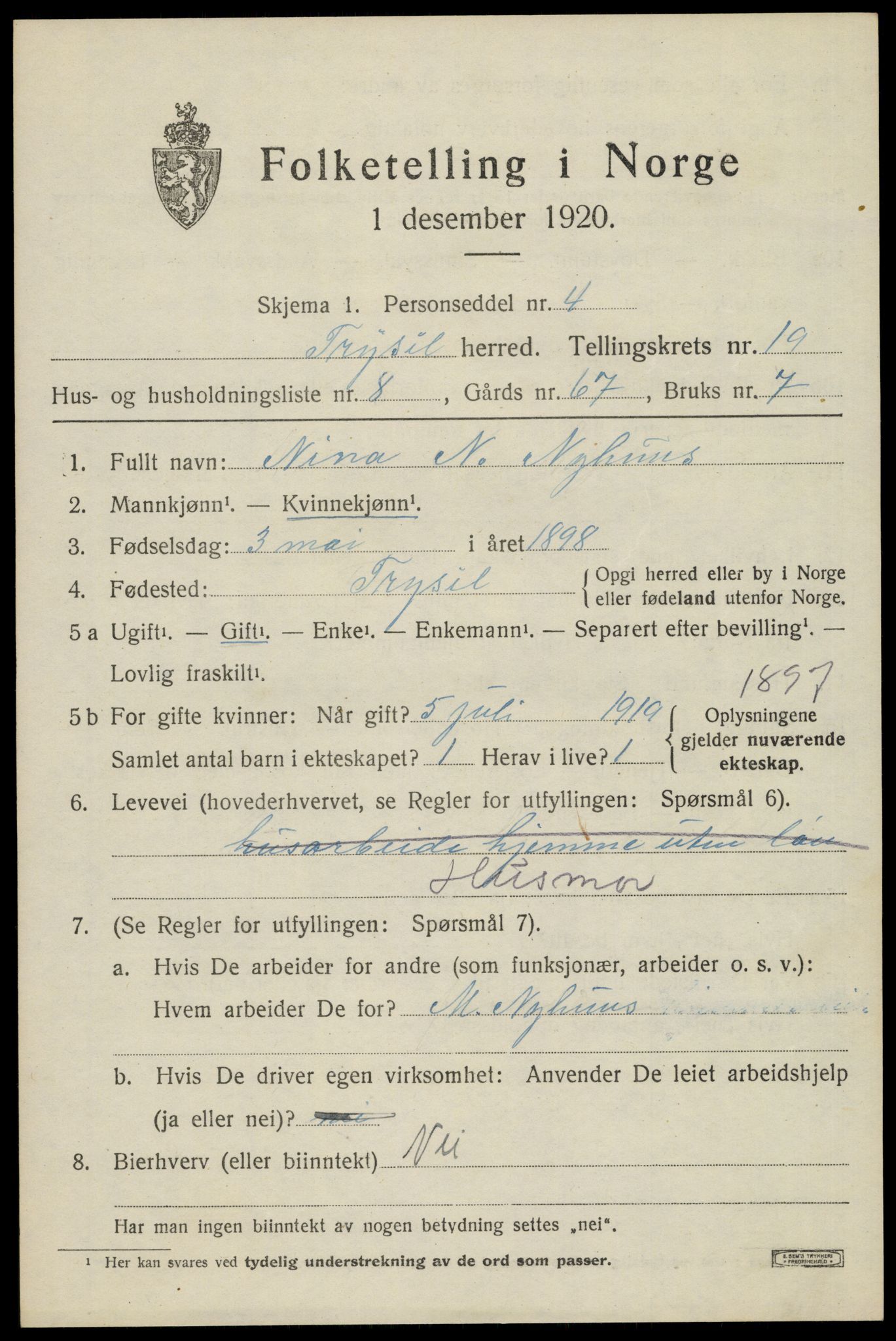 SAH, 1920 census for Trysil, 1920, p. 12821
