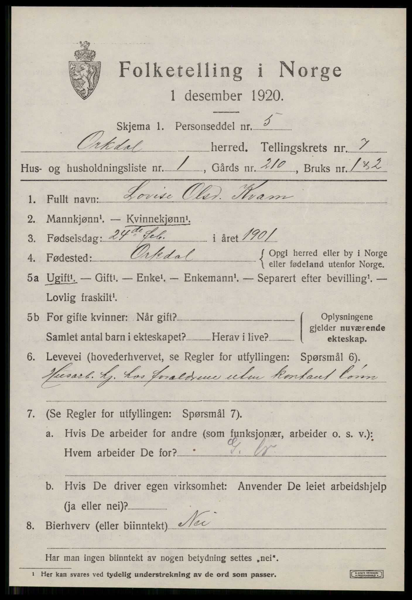 SAT, 1920 census for Orkdal, 1920, p. 5822