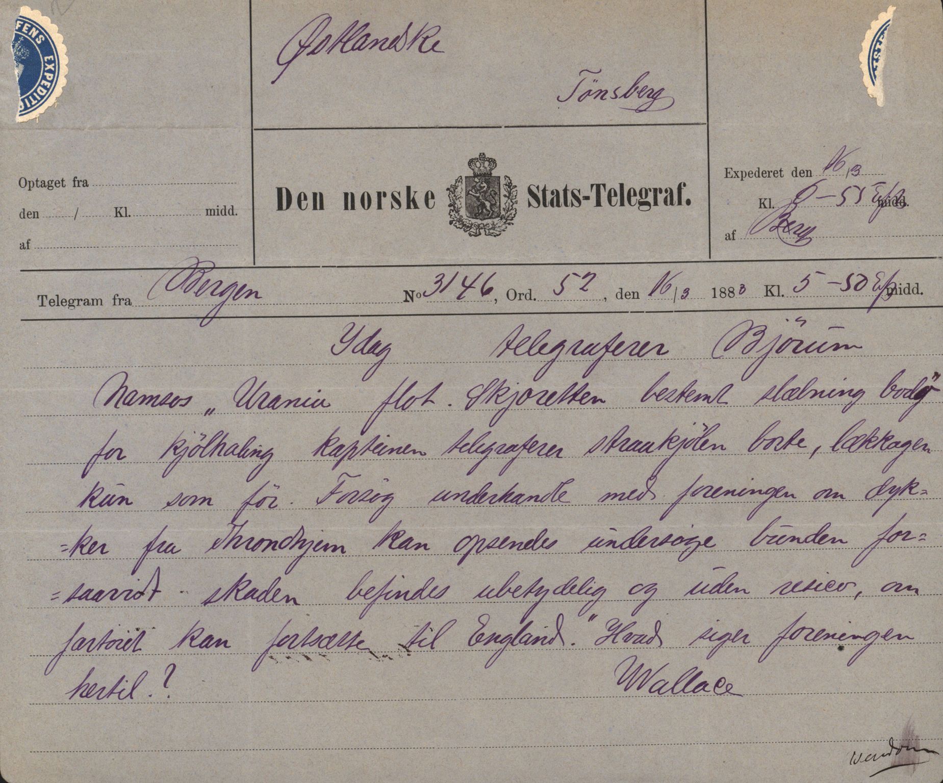 Pa 63 - Østlandske skibsassuranceforening, VEMU/A-1079/G/Ga/L0016/0012: Havaridokumenter / Urania, Tagal, Sir John Lawrence, Benguela, 1883, p. 18