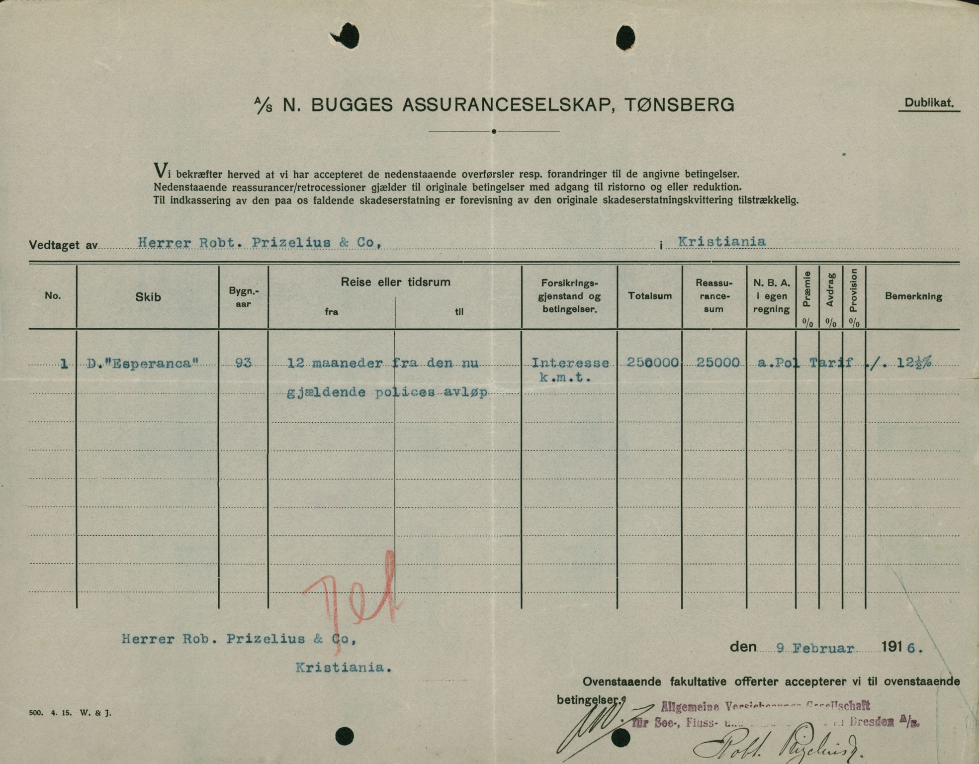 Pa 664 - Tønsberg Sjøforsikringsselskap, VEMU/A-1773/F/L0001: Forsikringspoliser, 1915-1918