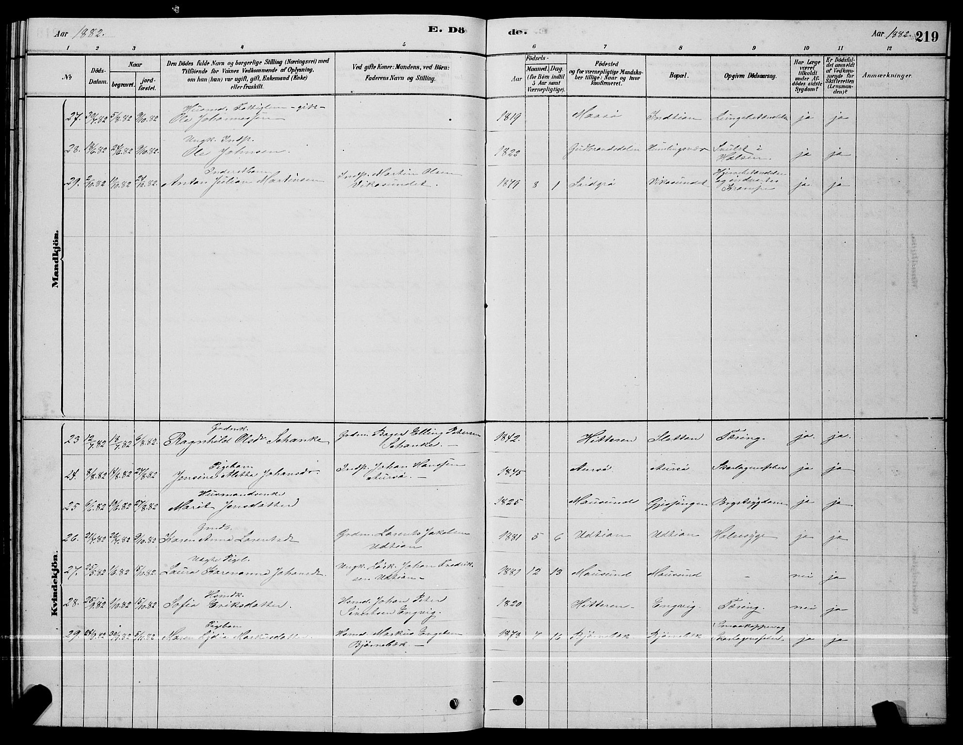 Ministerialprotokoller, klokkerbøker og fødselsregistre - Sør-Trøndelag, AV/SAT-A-1456/640/L0585: Parish register (copy) no. 640C03, 1878-1891, p. 219