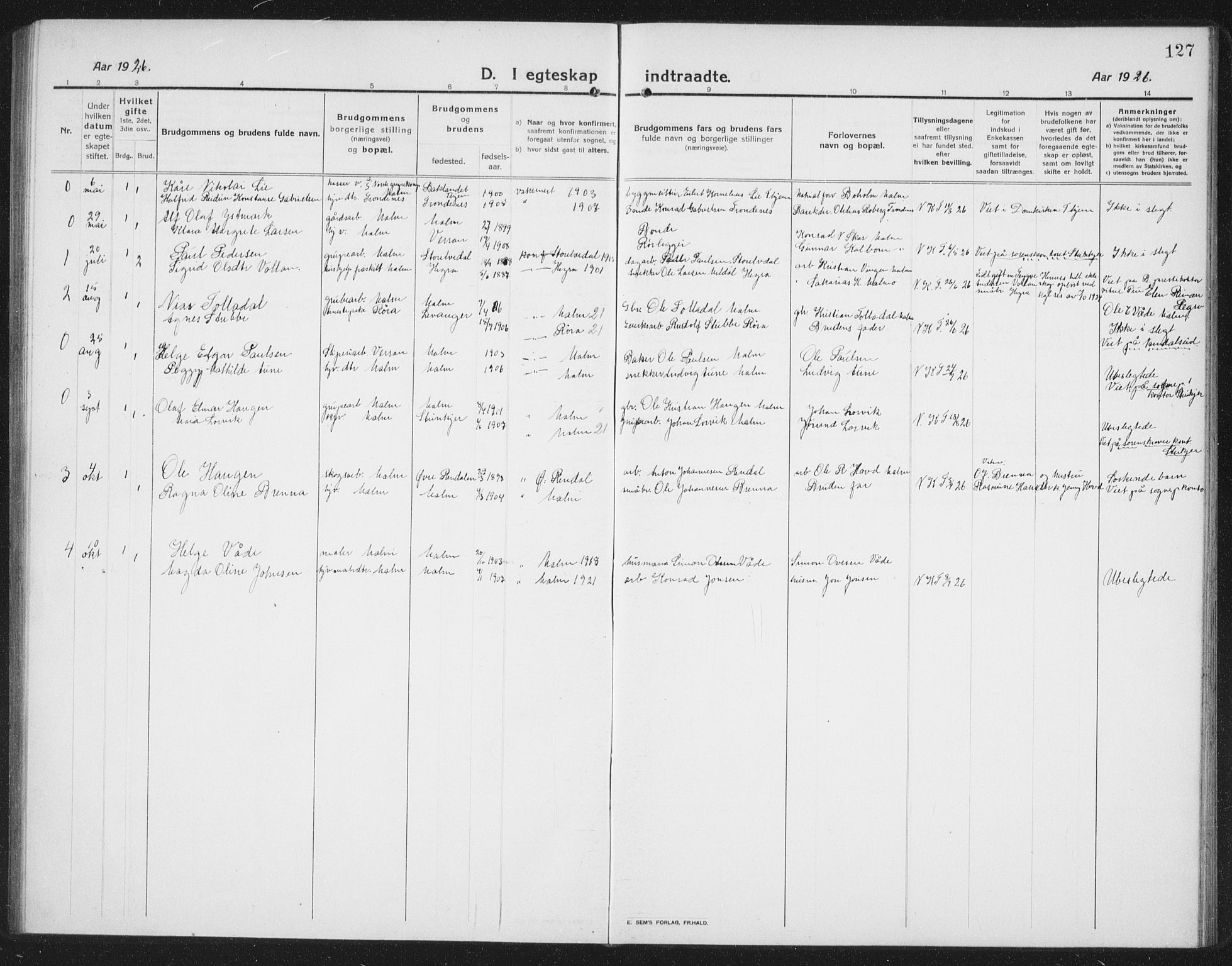 Ministerialprotokoller, klokkerbøker og fødselsregistre - Nord-Trøndelag, SAT/A-1458/745/L0434: Parish register (copy) no. 745C03, 1914-1937, p. 127