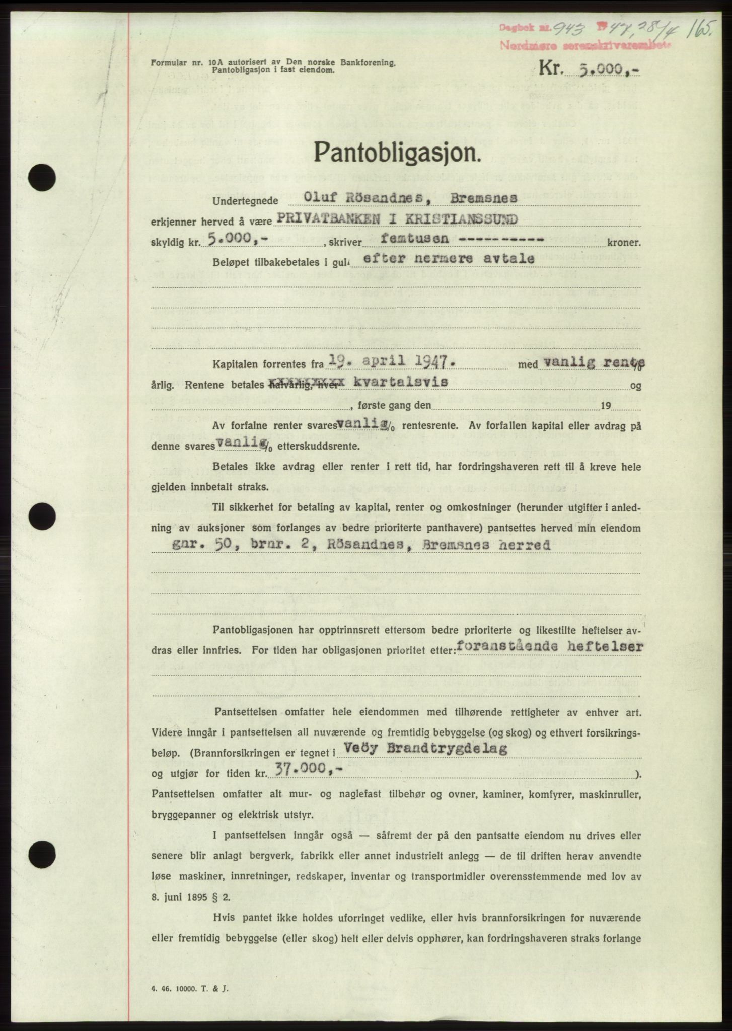 Nordmøre sorenskriveri, AV/SAT-A-4132/1/2/2Ca: Mortgage book no. B96, 1947-1947, Diary no: : 943/1947