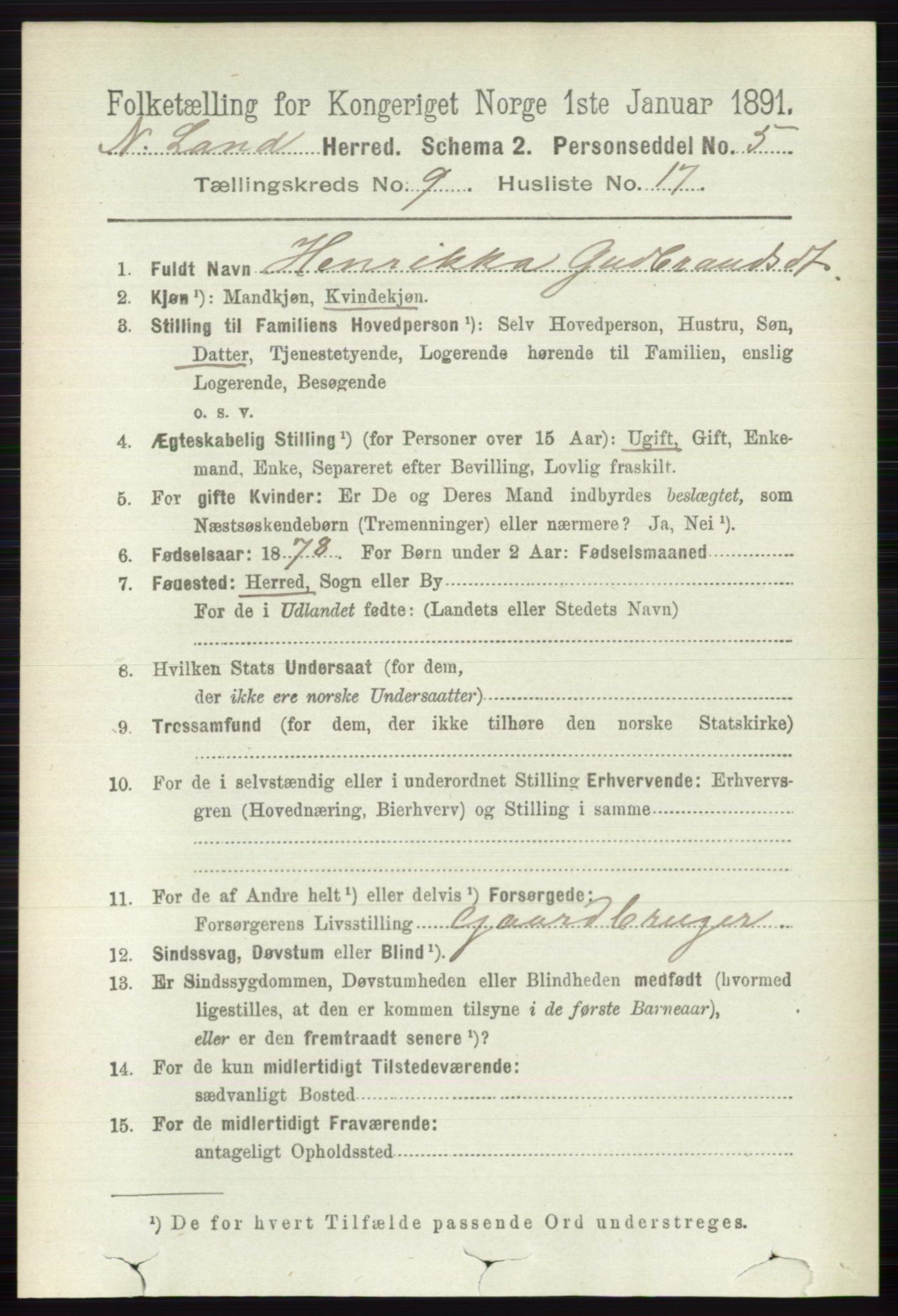 RA, 1891 census for 0538 Nordre Land, 1891, p. 2663