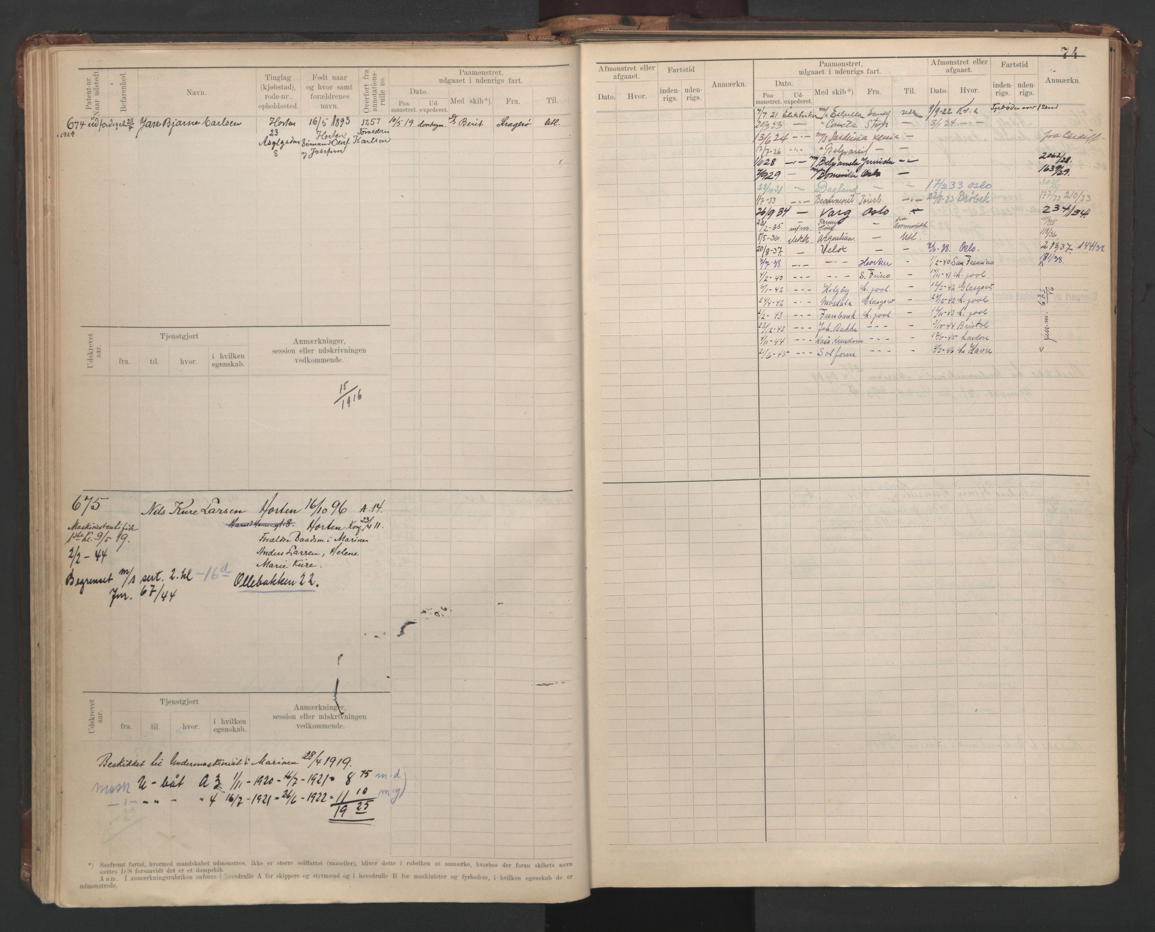Horten innrulleringskontor, AV/SAKO-A-785/F/Fe/L0008: Maskinist, fyrbøterrulle, 1911-1948, p. 74