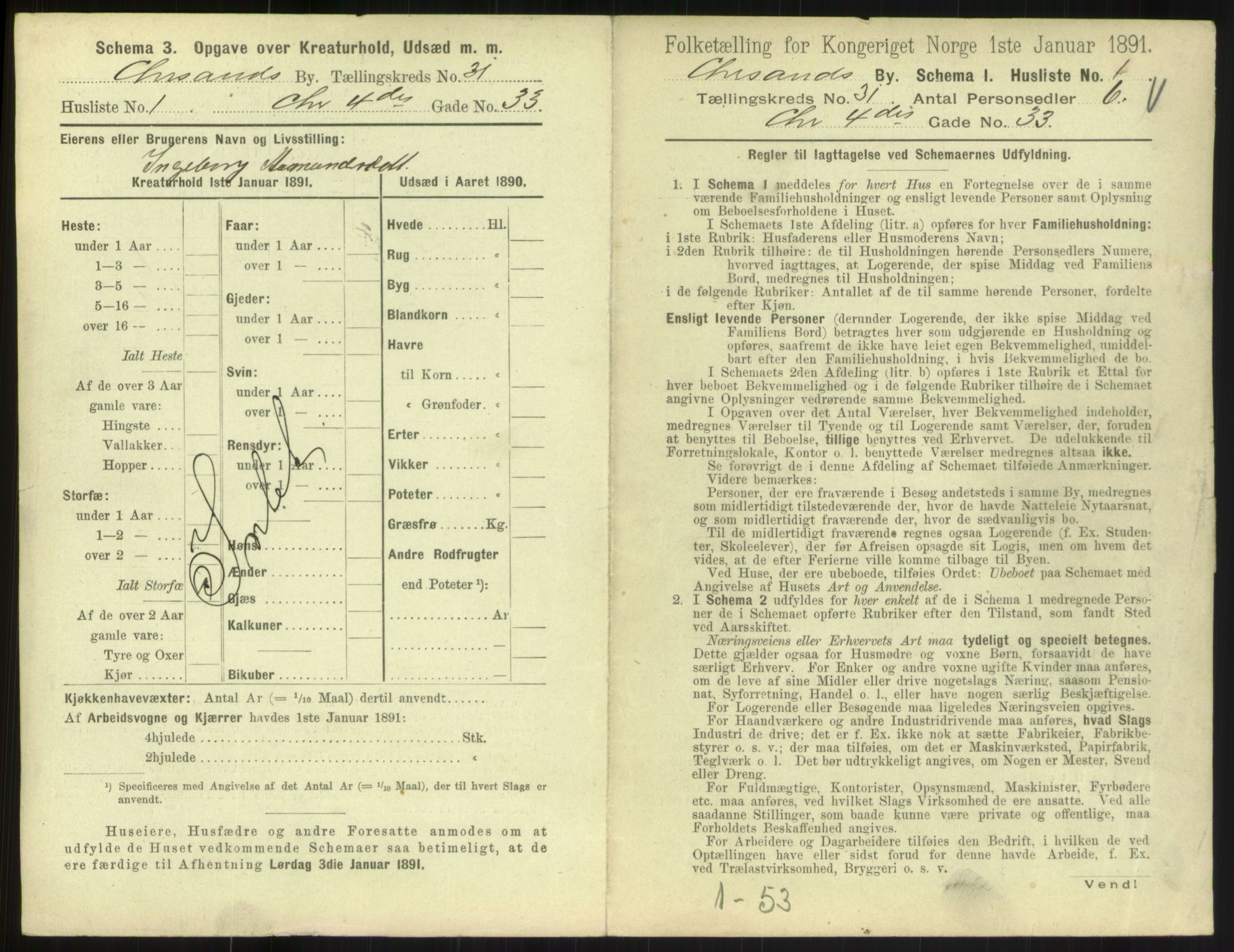 RA, 1891 census for 1001 Kristiansand, 1891, p. 1586