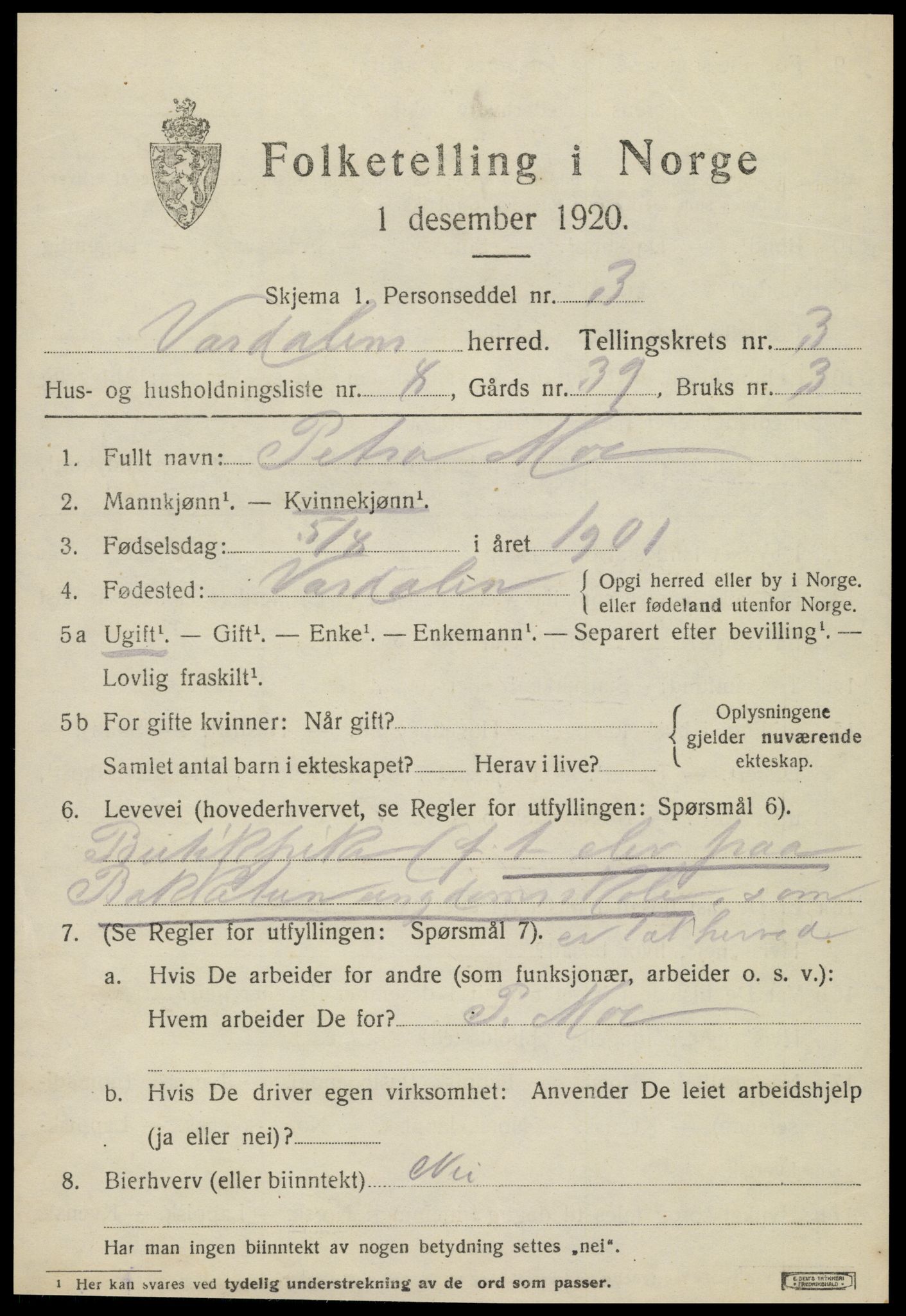 SAT, 1920 census for Verdal, 1920, p. 6771