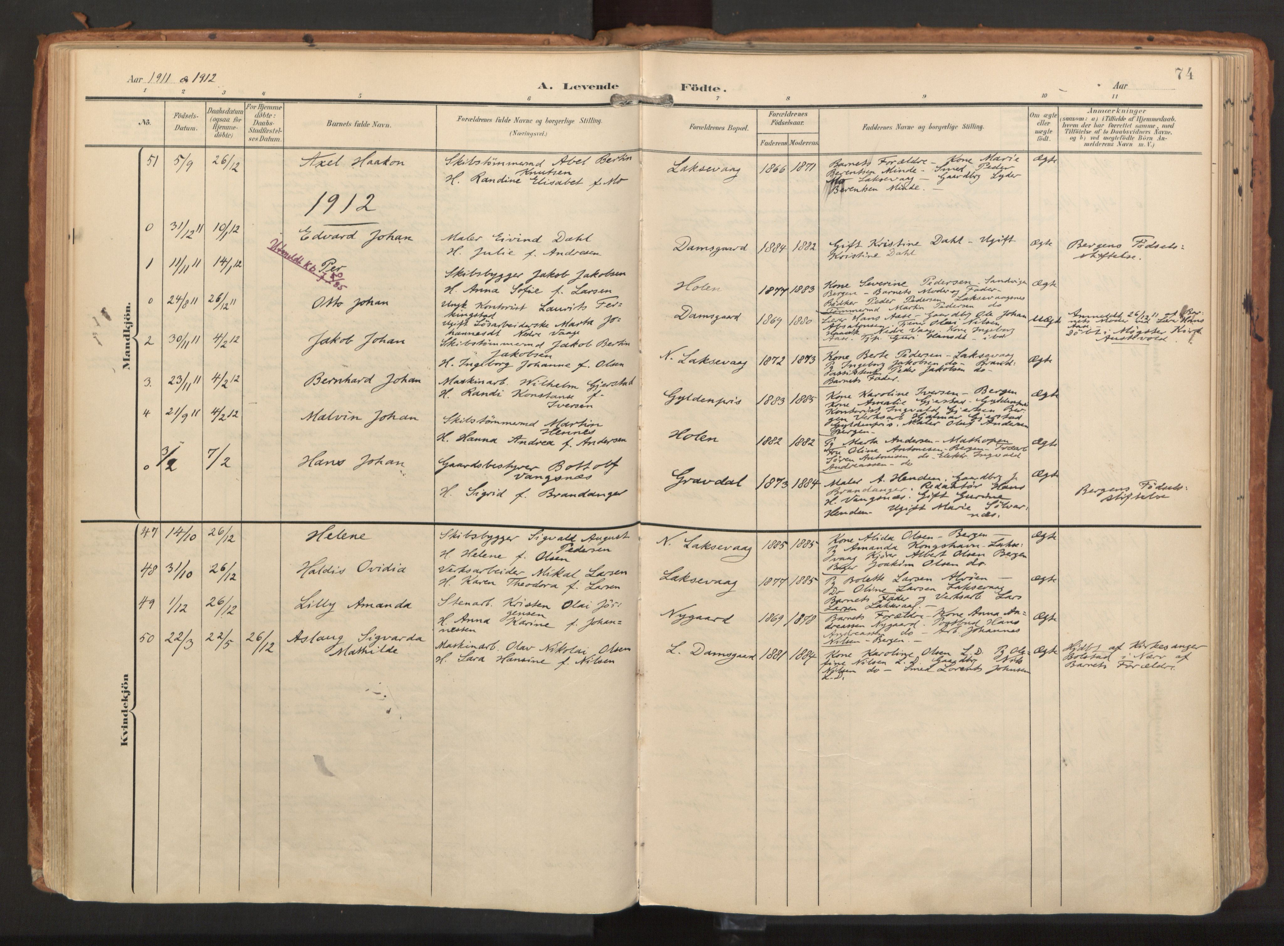 Laksevåg Sokneprestembete, AV/SAB-A-76501/H/Ha/Haa/Haaa/L0001: Parish register (official) no. A 1, 1903-1917, p. 74