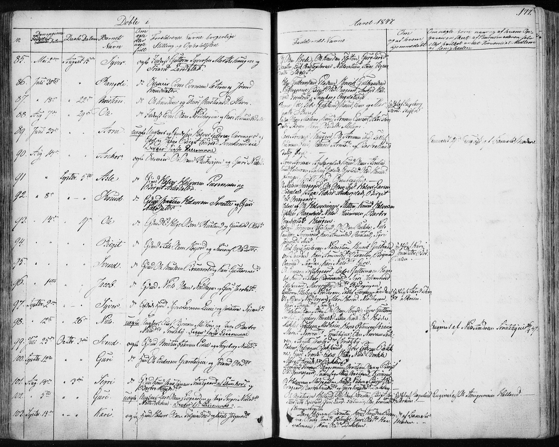 Nes kirkebøker, AV/SAKO-A-236/F/Fa/L0009: Parish register (official) no. 9, 1834-1863, p. 177